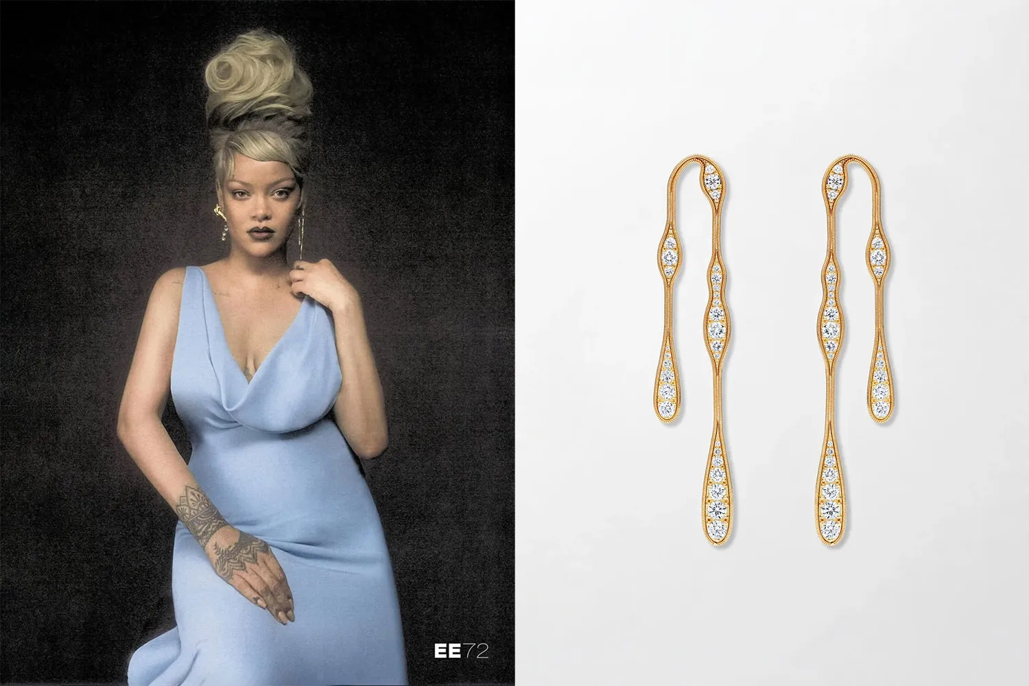 Rihanna on the Cover of Issue 72, wearing the Fluid Diamonds Doubled Earrings by Fernando Jorge.