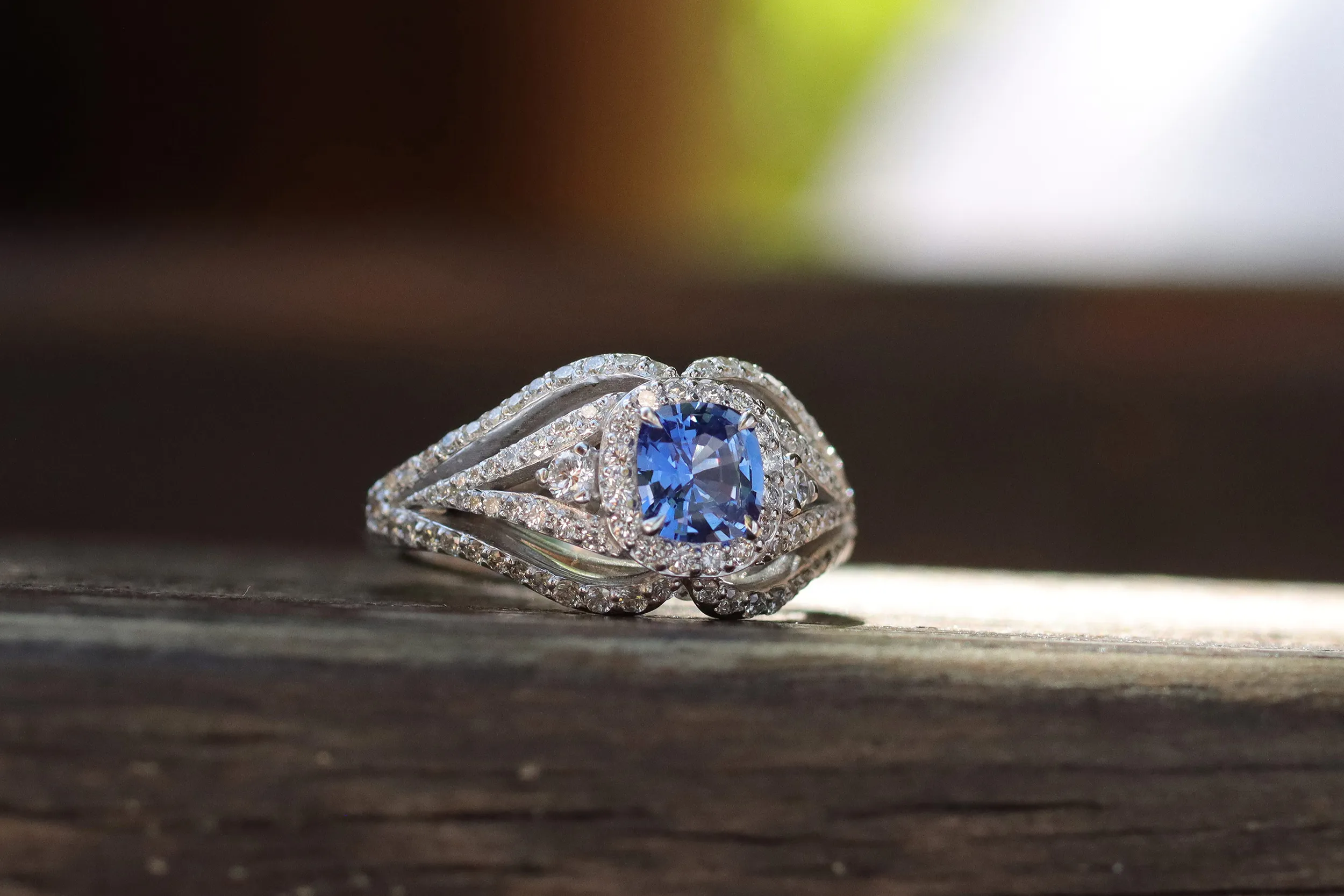 <p>Morebelli ring with a 0.70 carat blue sapphire from Ilakaka, Madagascar, surrounded by 100 diamonds totalling 0.67 carats, set in 18k white gold </p>
