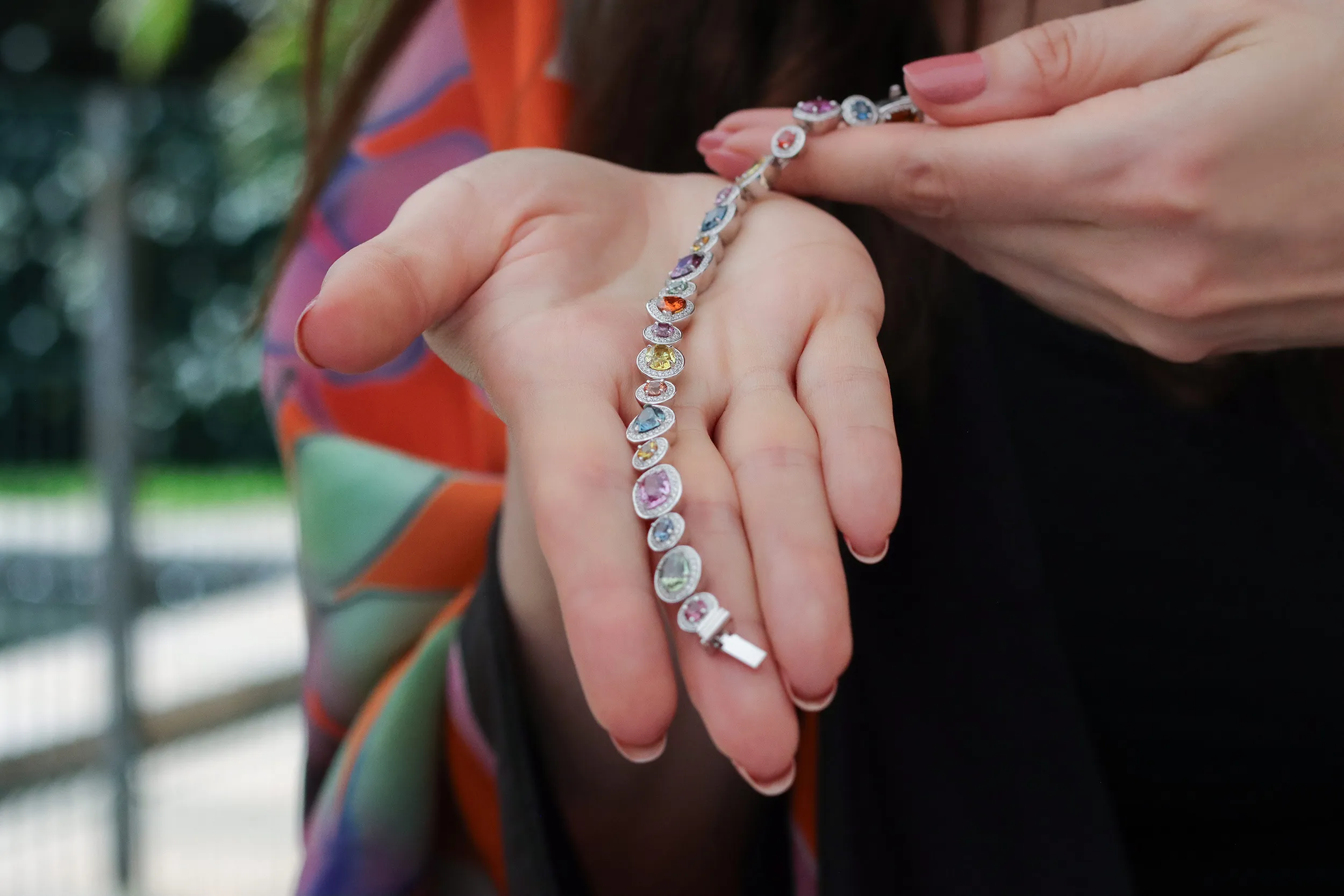 <p>Taking a closer look at Madagascar’s mineral colour palette through a Morebelli bracelet, set with 20 sapphires and tsavorites weighing a combined 14.21 carats in 18k white gold </p>