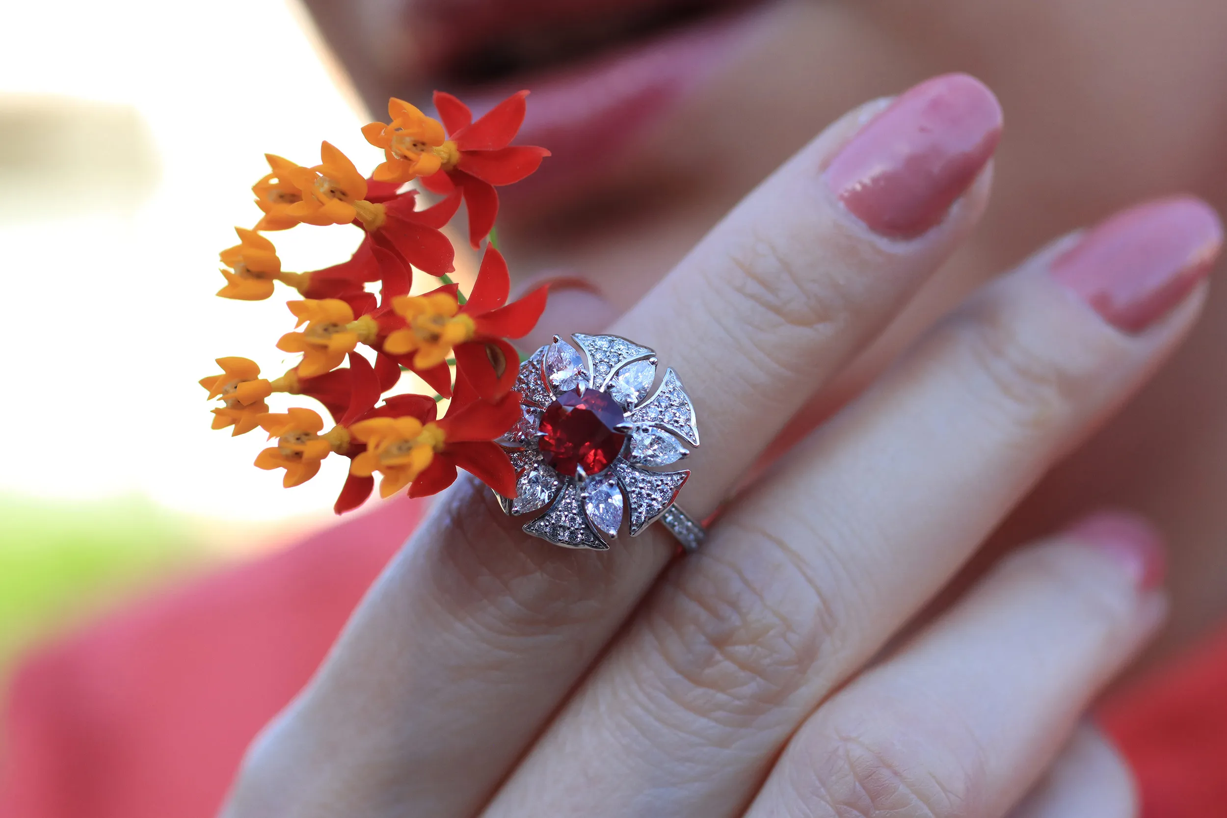<p>Katerina Perez showcases a Morebelli ring with a 2.05 carat ruby, six pear-shaped diamonds totalling 0.91 carats and a further 64 diamonds, set in 18k white gold</p>