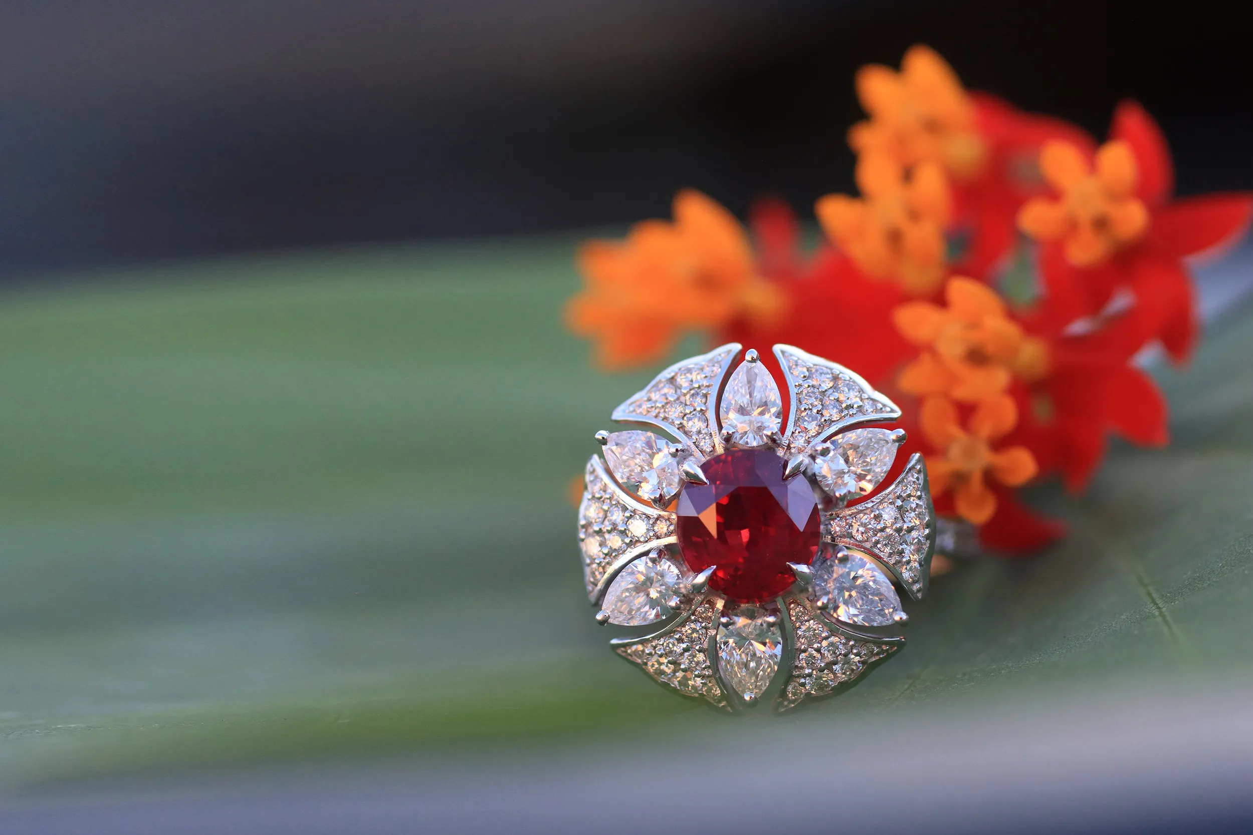 <p>A closer look at a Morebelli ring with a 2.05 carat ruby, six pear-shaped diamonds totalling 0.91 carats and a further 64 diamonds, set in 18k white gold</p>