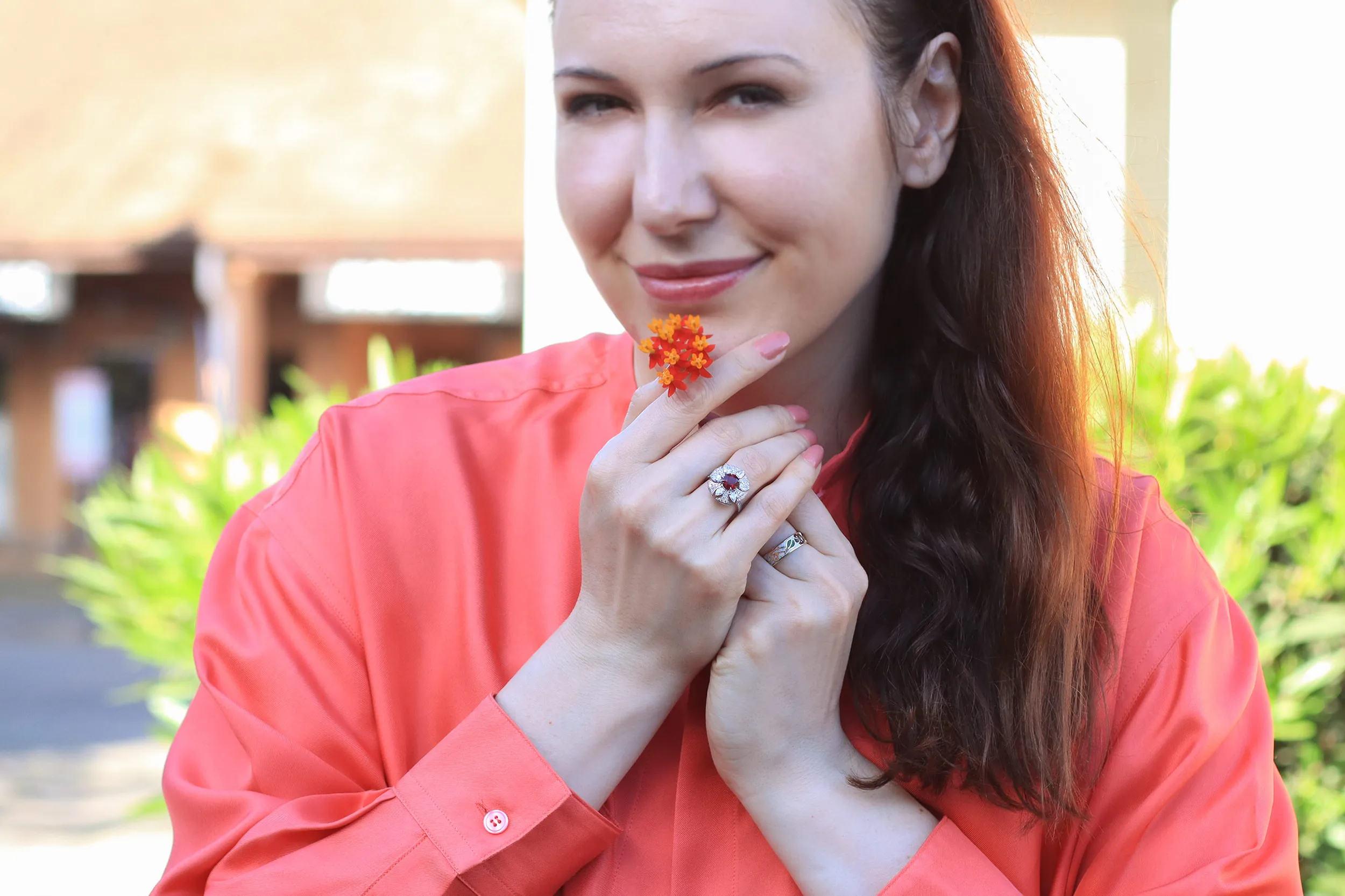 <p>Katerina Perez wears a Morebelli ring with a 2.05 carat ruby, six pear-shaped diamonds totalling 0.91 carats and a further 64 diamonds, set in 18k white gold</p>