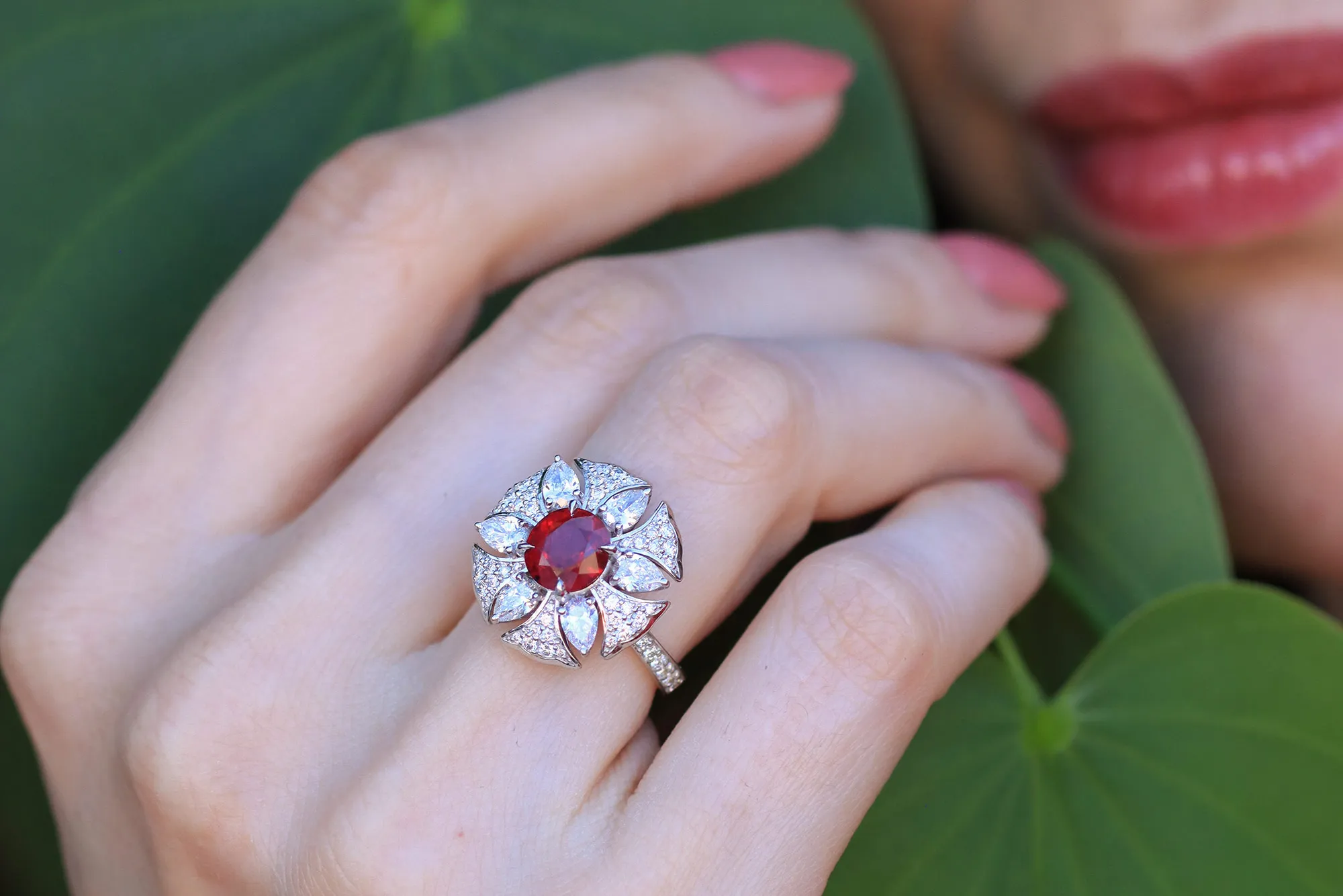 <p>Morebelli ring with a 2.05 carat ruby, six pear-shaped diamonds totalling 0.91 carats and a further 64 diamonds, set in 18k white gold</p>