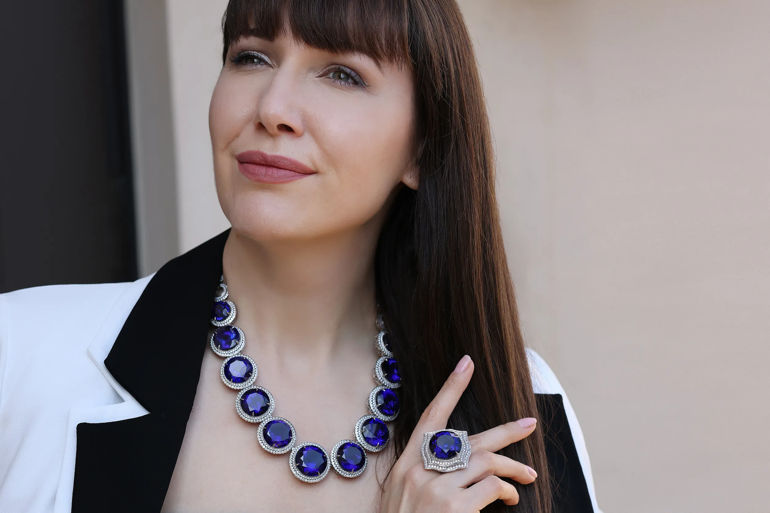 <p>Founder&#8217;s Collection necklace with an astonishing 429.17ct of round tanzanites and 54.07ct round tanzanite ring, all framed with diamonds and set in 18k white gold</p>
