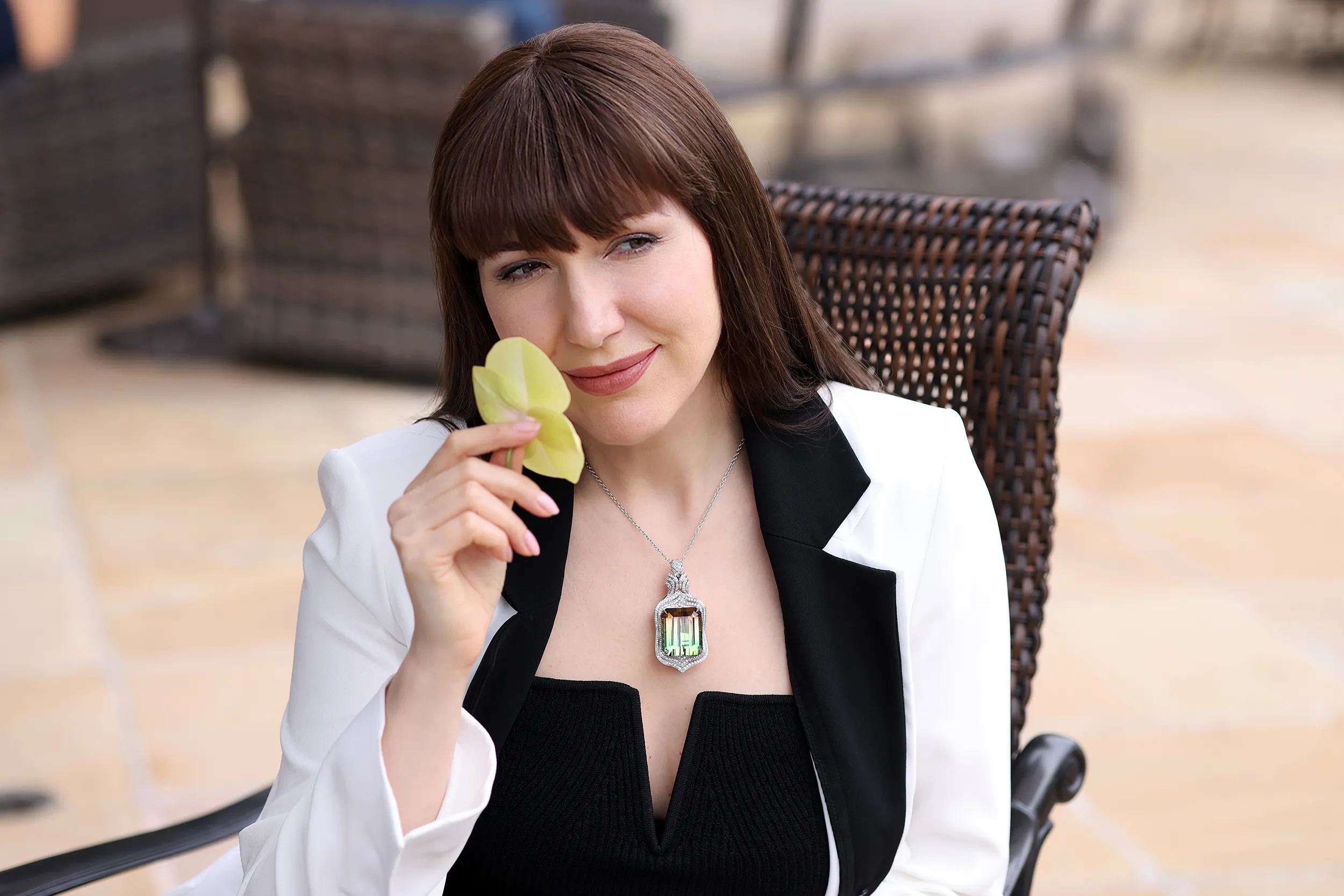 <p>A Chromia New York 130.70ct emerald cut bi-colour tourmaline pendant with diamonds in 18k white gold</p>
