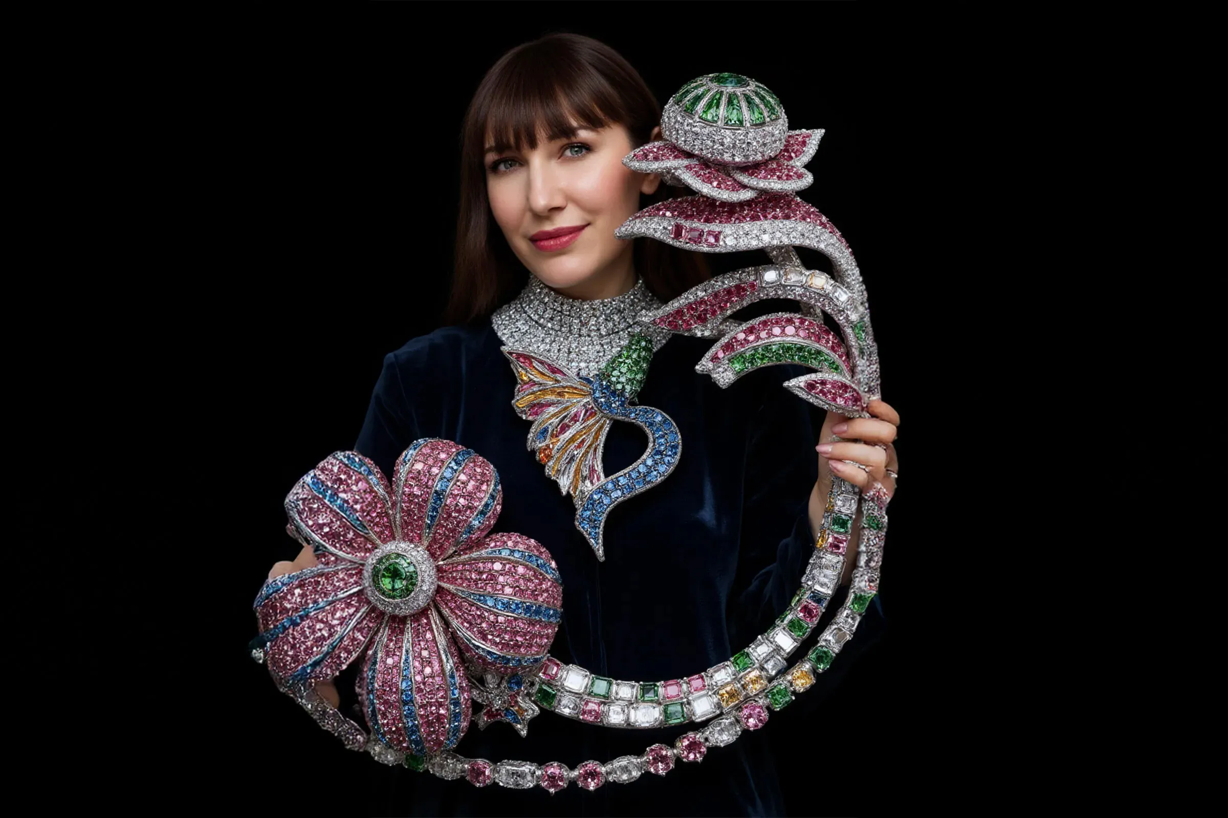 <p>Katerina Perez holds an impossible structure set with diamonds and coloured gemstones in this AI-created image by Anastasia Rogozhina</p>