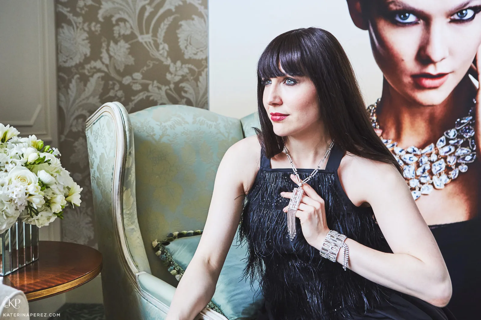 <p>Katerina Perez wearing Atelier Swarovski bracelet and necklace with Brunello Cucinelli dress</p>