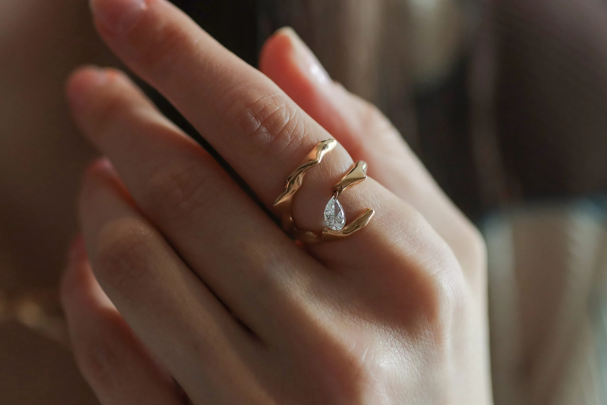 <p>Kefah ring in 18k yellow gold with pear shape diamonds by Moody Jewellery</p>