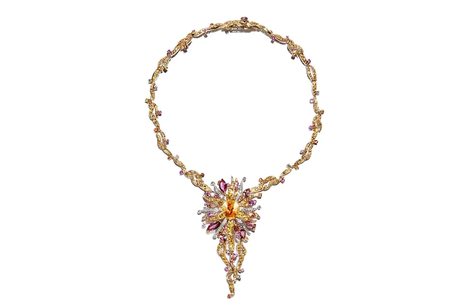 <p>Rubeus Lion and the Moonlight necklace with a golden hessonite garnet centre stone custom-cut by Victor Tuzlukov</p>