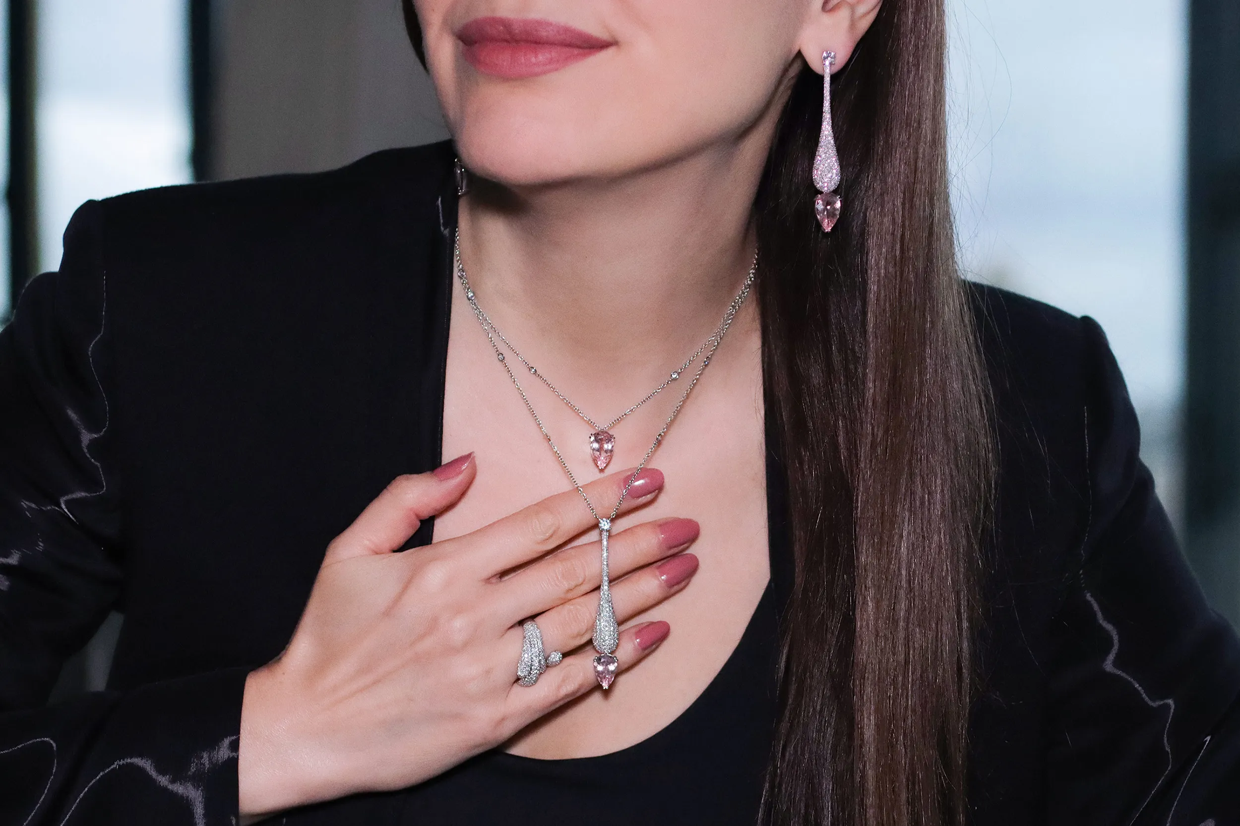 <p><span class="TextRun  BCX0 SCXP163336872" lang="EN-US" xml:lang="EN-US" data-scheme-color="@000000,," data-usefontface="true" data-contrast="none"><span class="NormalTextRun  BCX0 SCXP163336872">Drops of Grace necklace and earrings</span></span> <span class="TextRun  BCX0 SCXP163336872" lang="EN-US" xml:lang="EN-US" data-scheme-color="@000000,," data-usefontface="true" data-contrast="none"><span class="NormalTextRun  BCX0 SCXP163336872">in 18k white gold, morganite and diamonds and </span></span><span class="TextRun  BCX0 SCXP163336872" lang="EN-US" xml:lang="EN-US" data-usefontface="false" data-contrast="none"><span class="NormalTextRun  BCX0 SCXP163336872">Lumen of Grace ring</span></span><span class="TextRun  BCX0 SCXP163336872" lang="EN-US" xml:lang="EN-US" data-scheme-color="@000000,," data-usefontface="true" data-contrast="none"><span class="NormalTextRun  BCX0 SCXP163336872"> in 18k white gold and diamonds, from the Inner Garden Collection </span></span><span class="TextRun  BCX0 SCXP163336872" lang="EN-US" xml:lang="EN-US" data-scheme-color="@000000,," data-usefontface="true" data-contrast="none"><span class="NormalTextRun  BCX0 SCXP163336872">by Youngsun Nam </span></span></p>
