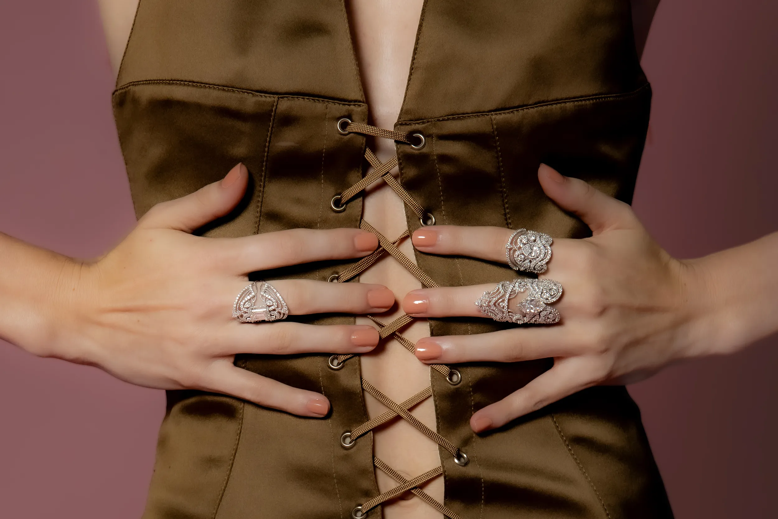 <p>A trio of Van Der Bauwede Lace & Diamond rings in 18k white gold</p>