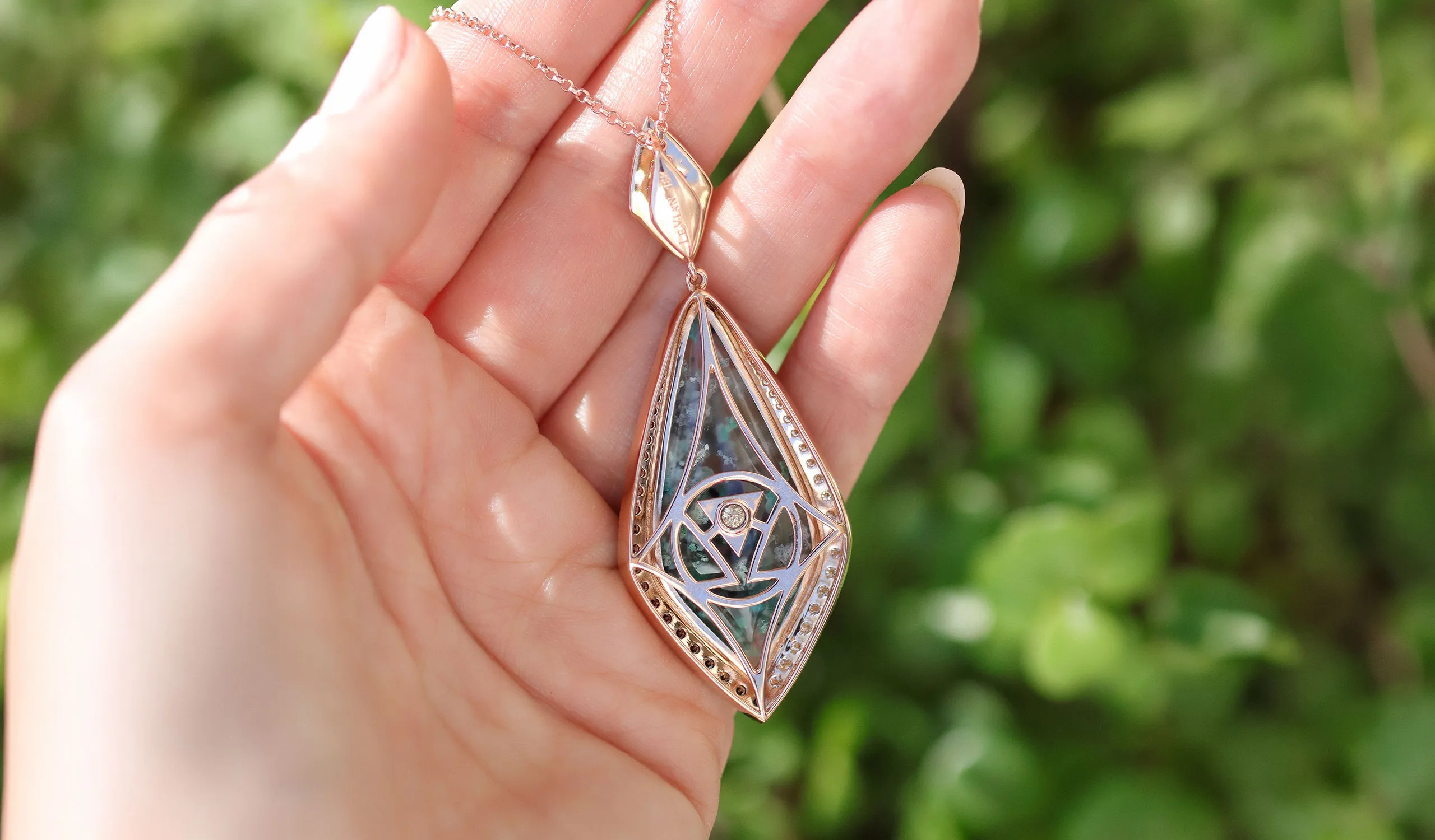 <p>The decorative details on the reverse side of a Le Vian Aquadite® pendant, as seen at the Centurion Jewelry Show in February</p>