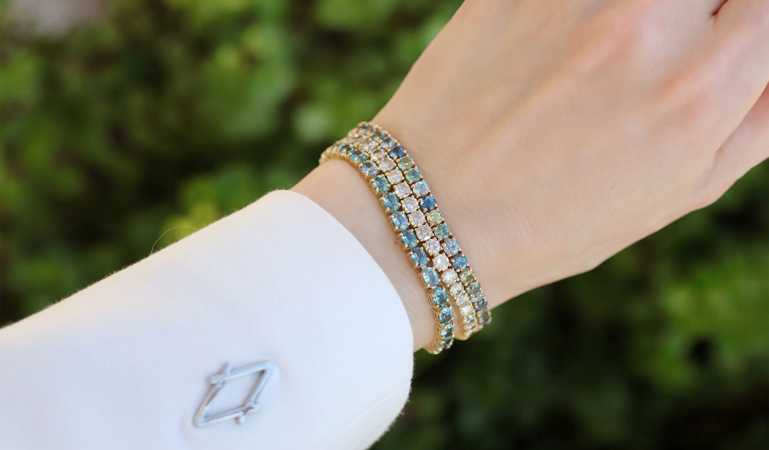 <p>Tennis-style bracelets from the Le Vian Montana Sapphire Ombré™ Collection, featuring a gradient of sapphires hailing from the United States</p>