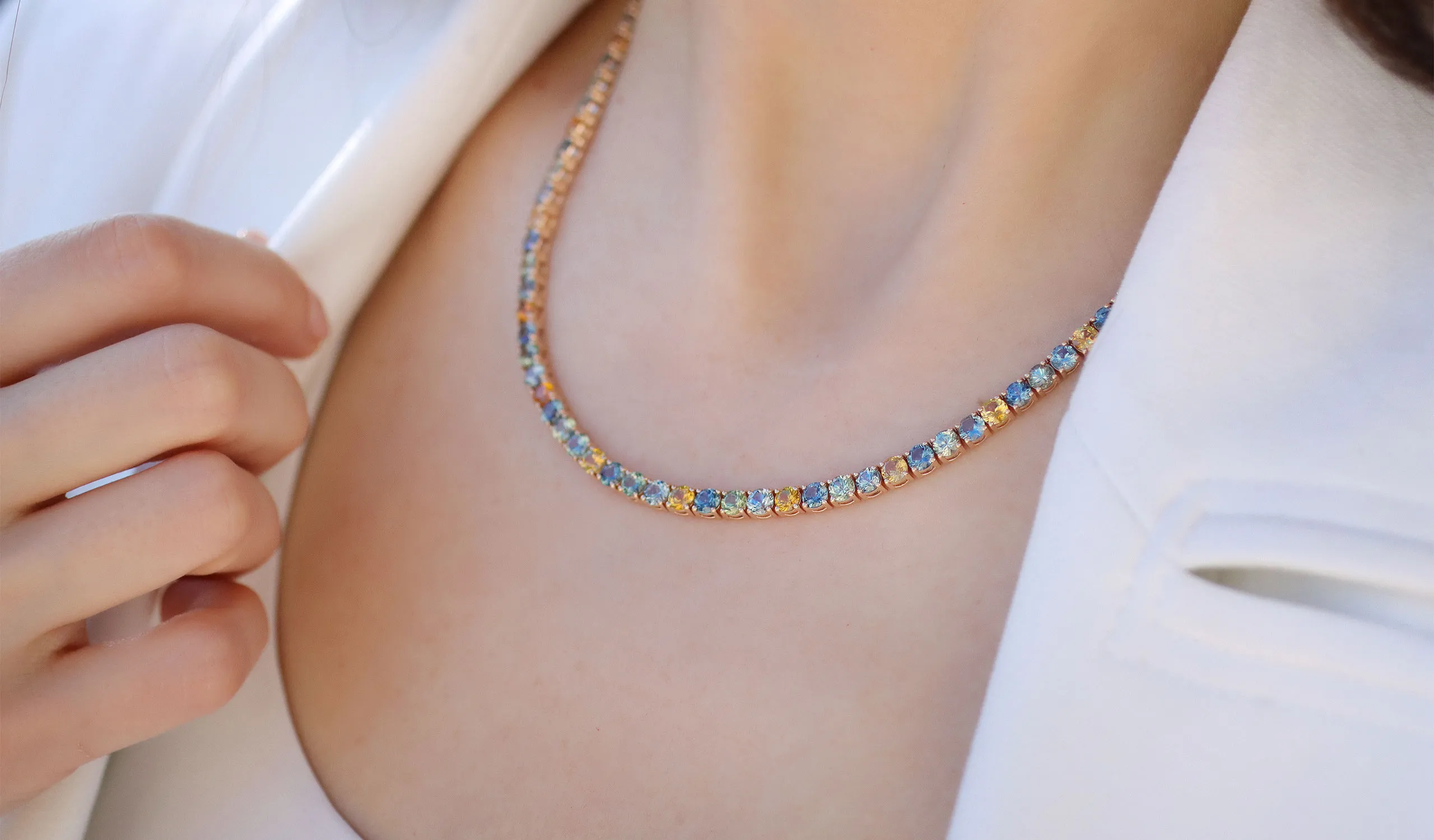 <p>Katerina Perez wears a necklace from the Le Vian Montana Sapphire Ombré™ Collection</p>