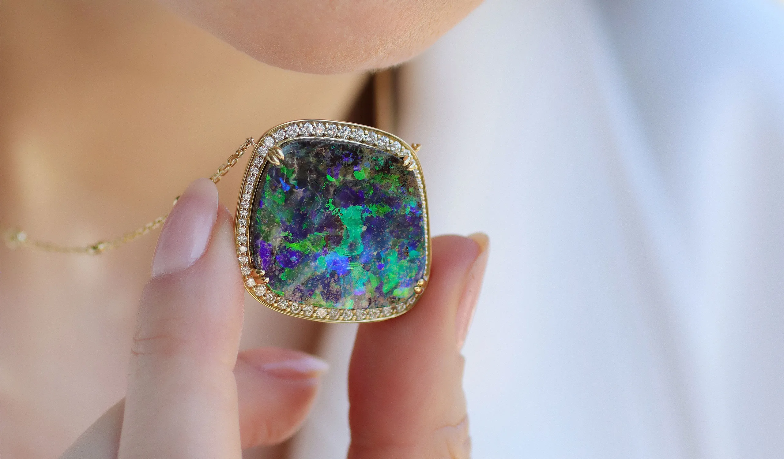 <p>Katerina Perez wears a boulder opal pendant by Le Vian at the <a href="https://centurionjewelry.com/about-the-show/">Centurion Jewelry Show</a> in February</p>