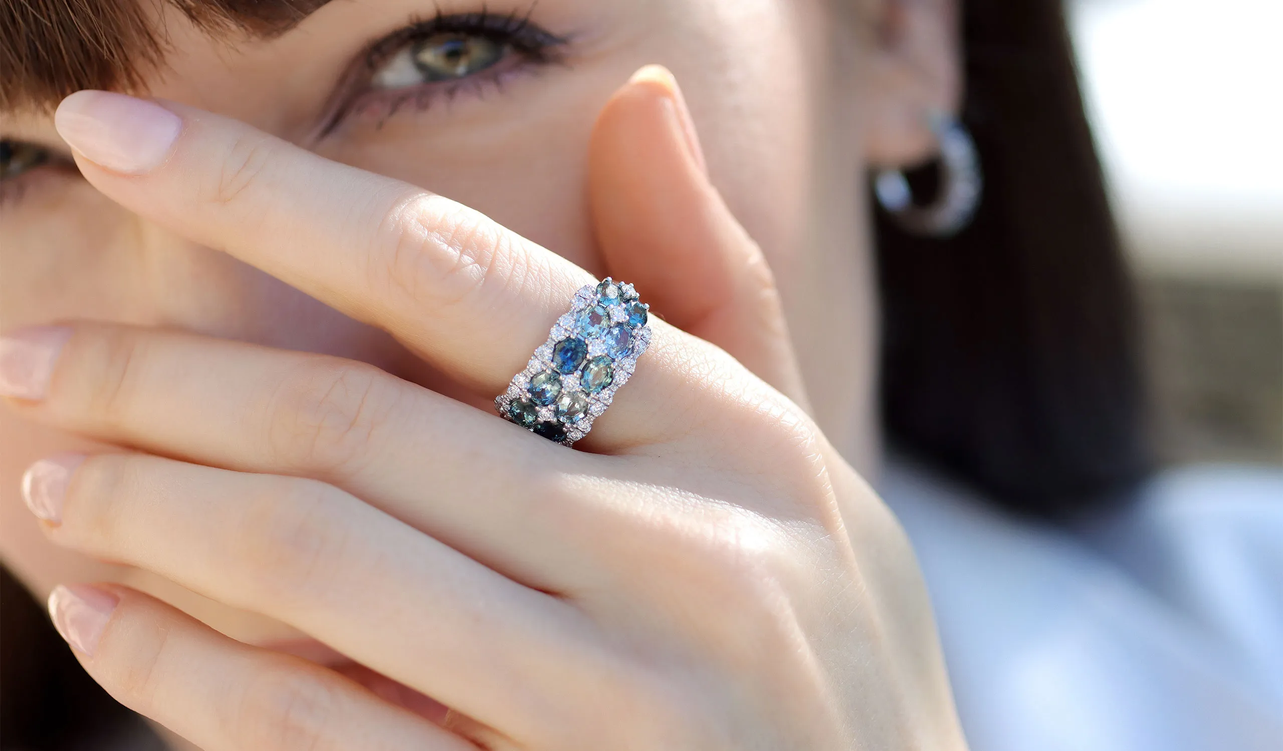 <p>Katerina Perez wears a Le Vian ring set with three carats of Montana Sapphire Ombré™ and Vanilla diamonds® set in 14K Vanilla Gold®</p>