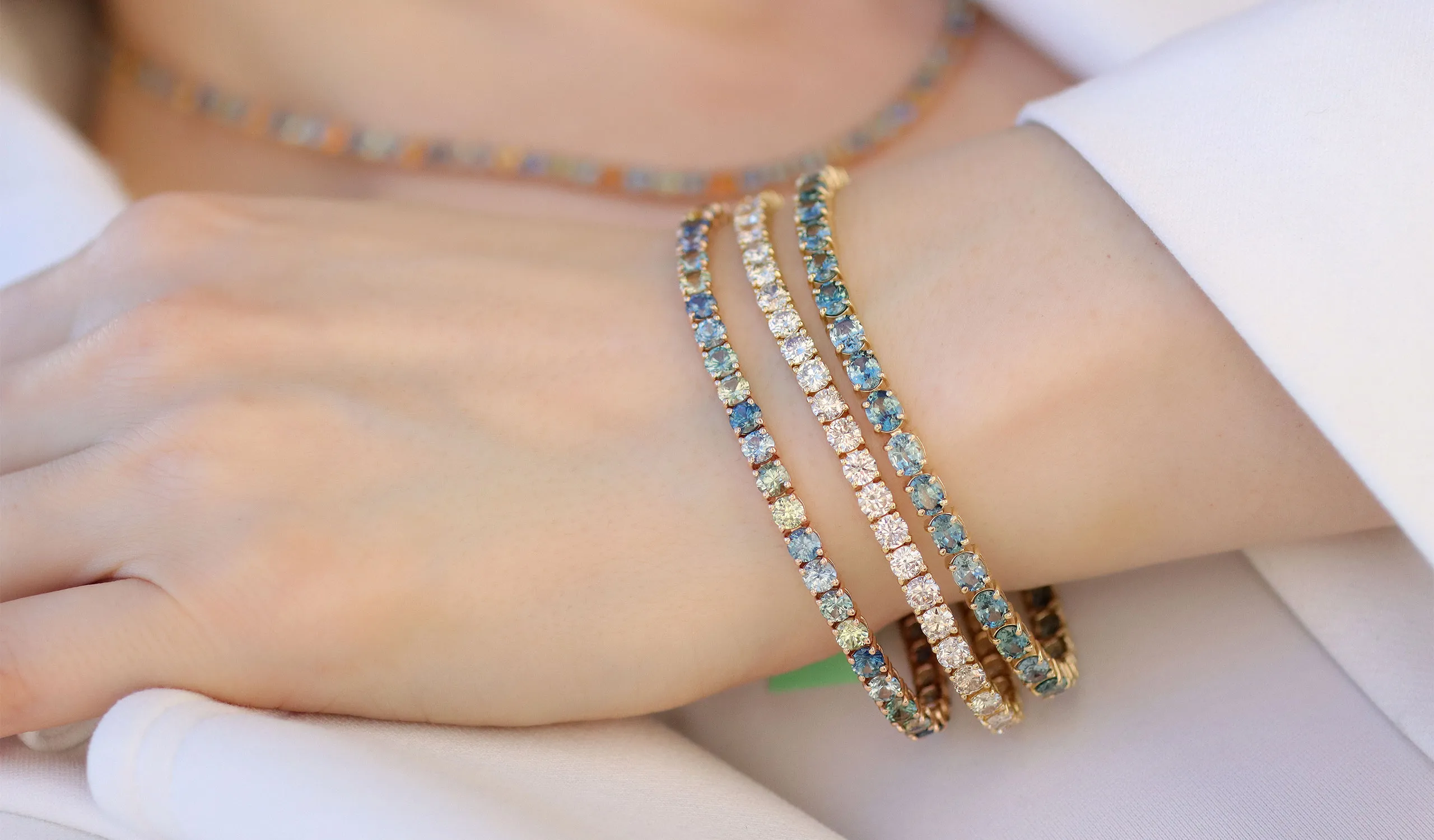 <p>The Le Vian Montana Sapphire Ombré™ Collection includes classic styles, such as these tennis bracelets, set with a tonal gradient on sapphires mined in the United States</p>
