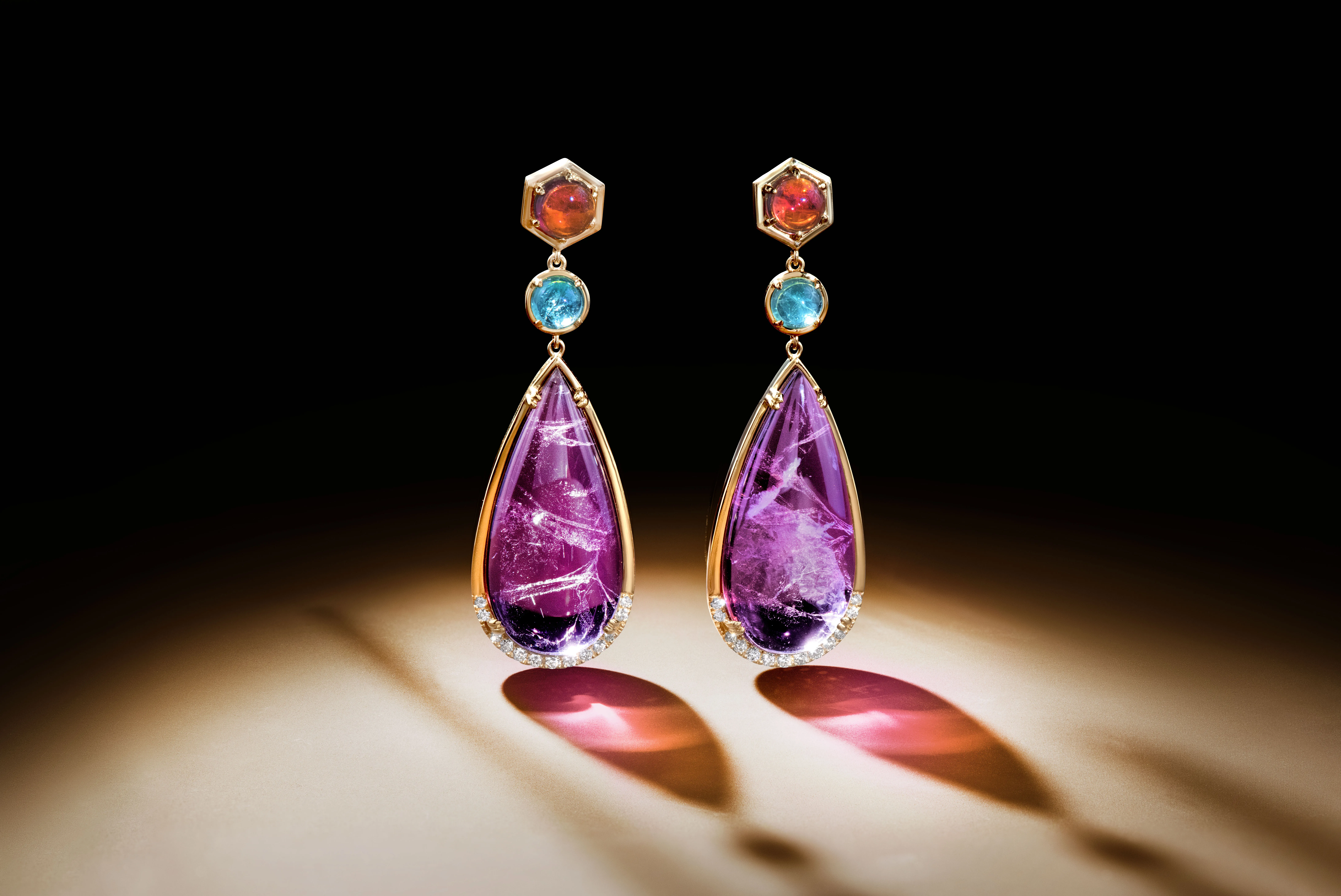 <p>Le Vian Couture® Cerise drop earrings with three matched pairs of Aquadite® totalling 43.9 carats and Vanilla Diamonds® set in 18k Honey Gold™</p>