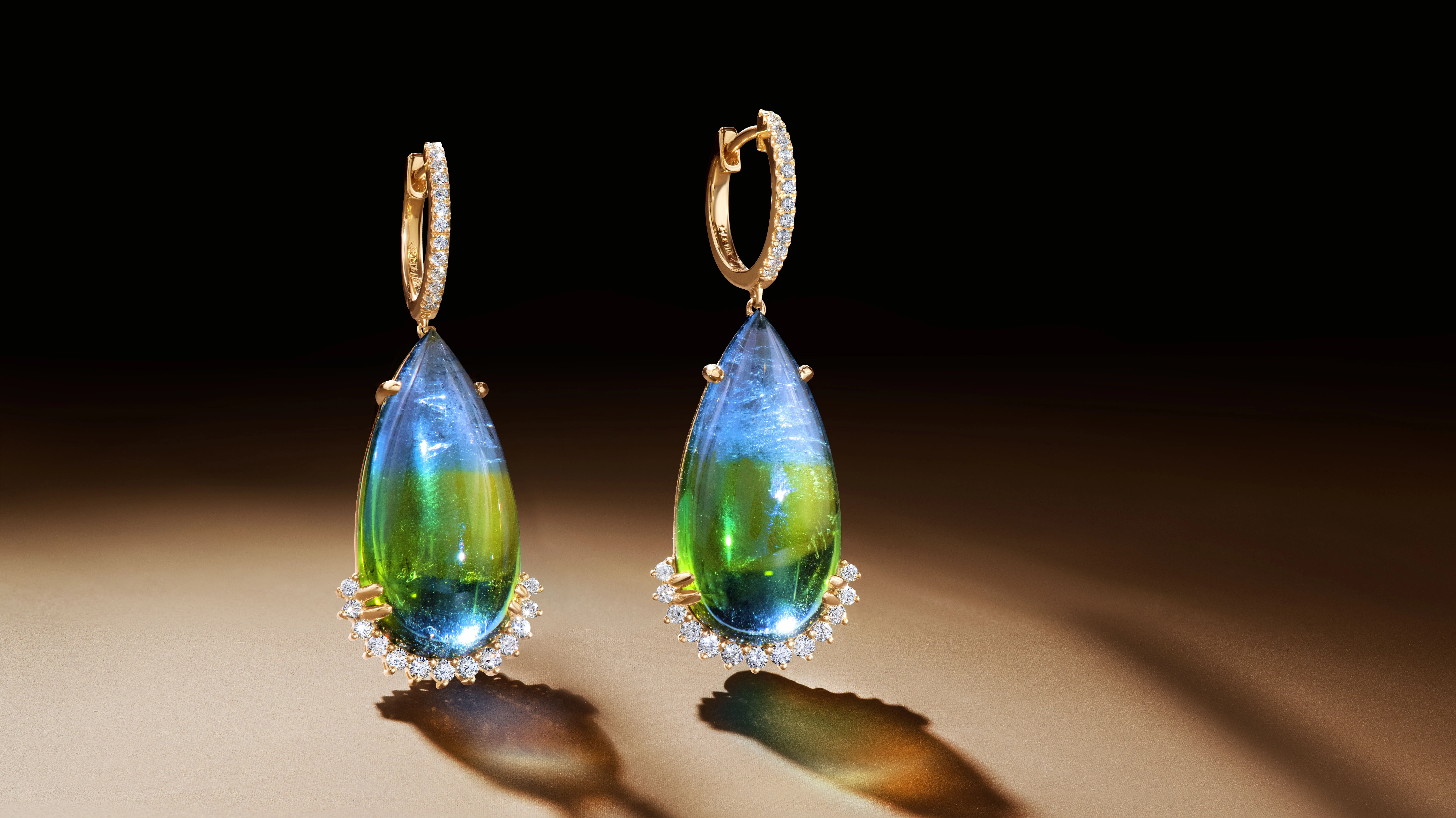 <p>Le Vian Couture® Alys drop earrings with a matched pair of parti-coloured Aquadites® totalling 38.53 carats and Vanilla Diamonds® set in 18k Honey Gold™</p>