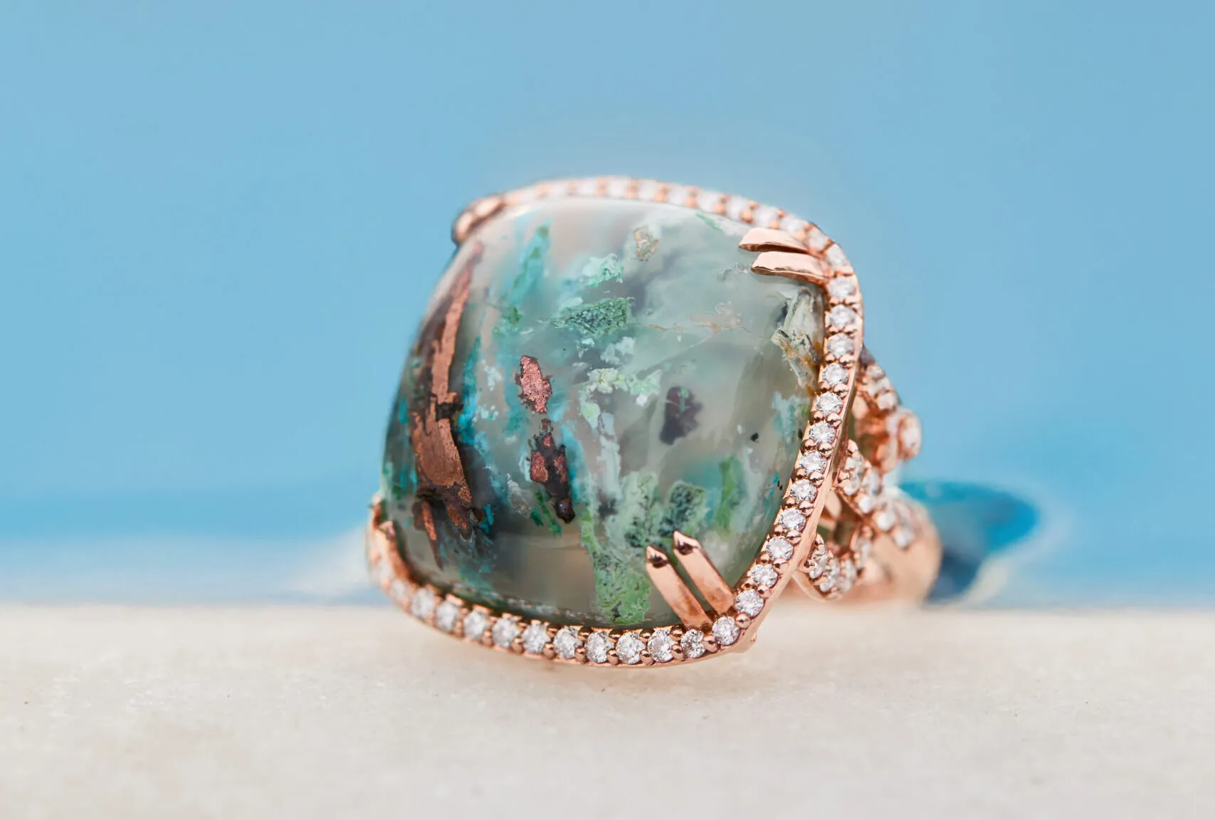 <p>Le Vian Couture® Quince ring with a 31.01 carat cushion-shaped Aquadite® surrounded by Vanilla Diamonds® in 18k Strawberry Gold®</p>