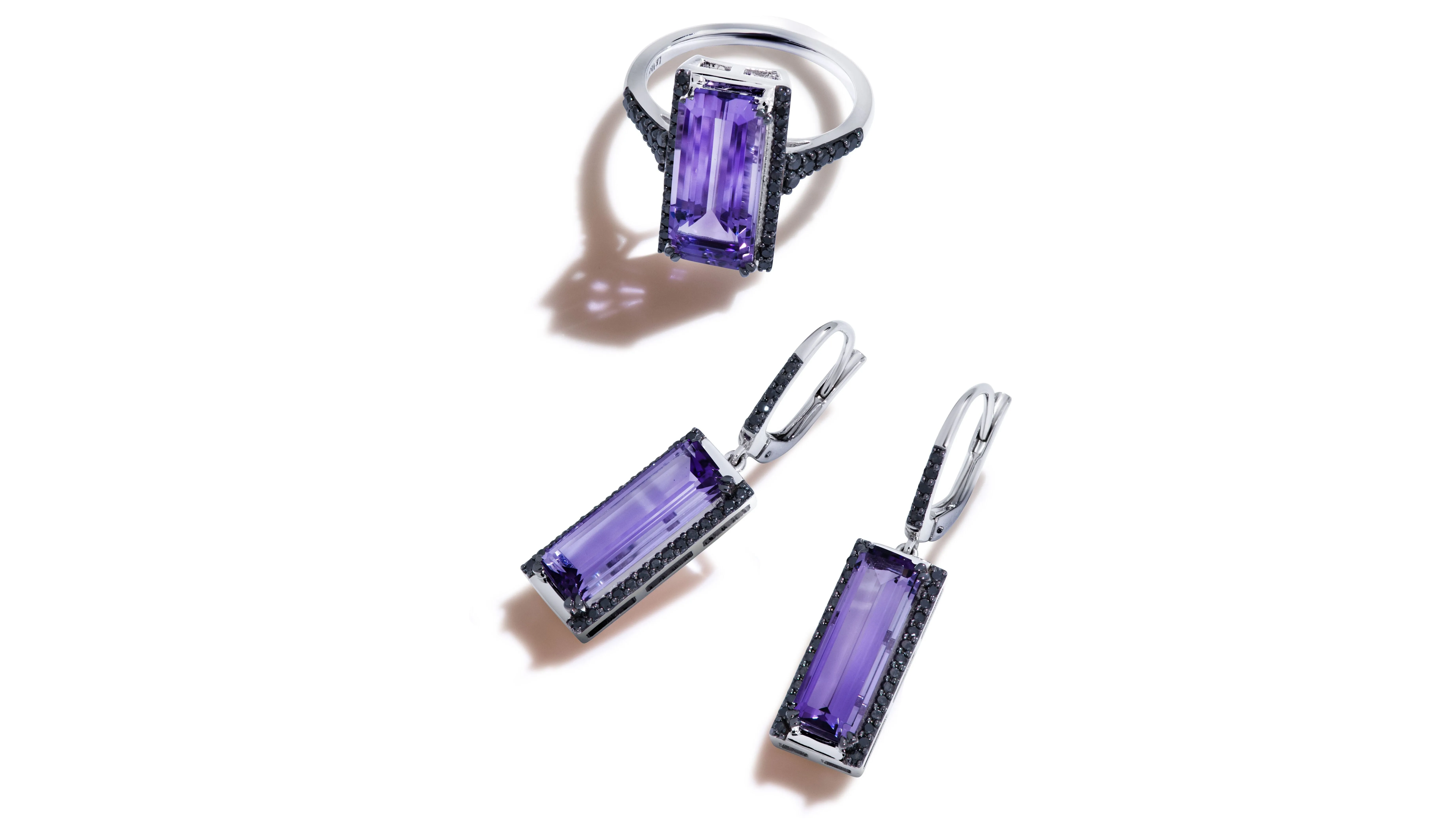 <p>Le Vian emerald-cut Grape Amethyst™ ring and matching earrings inspired by the Art Deco period </p>