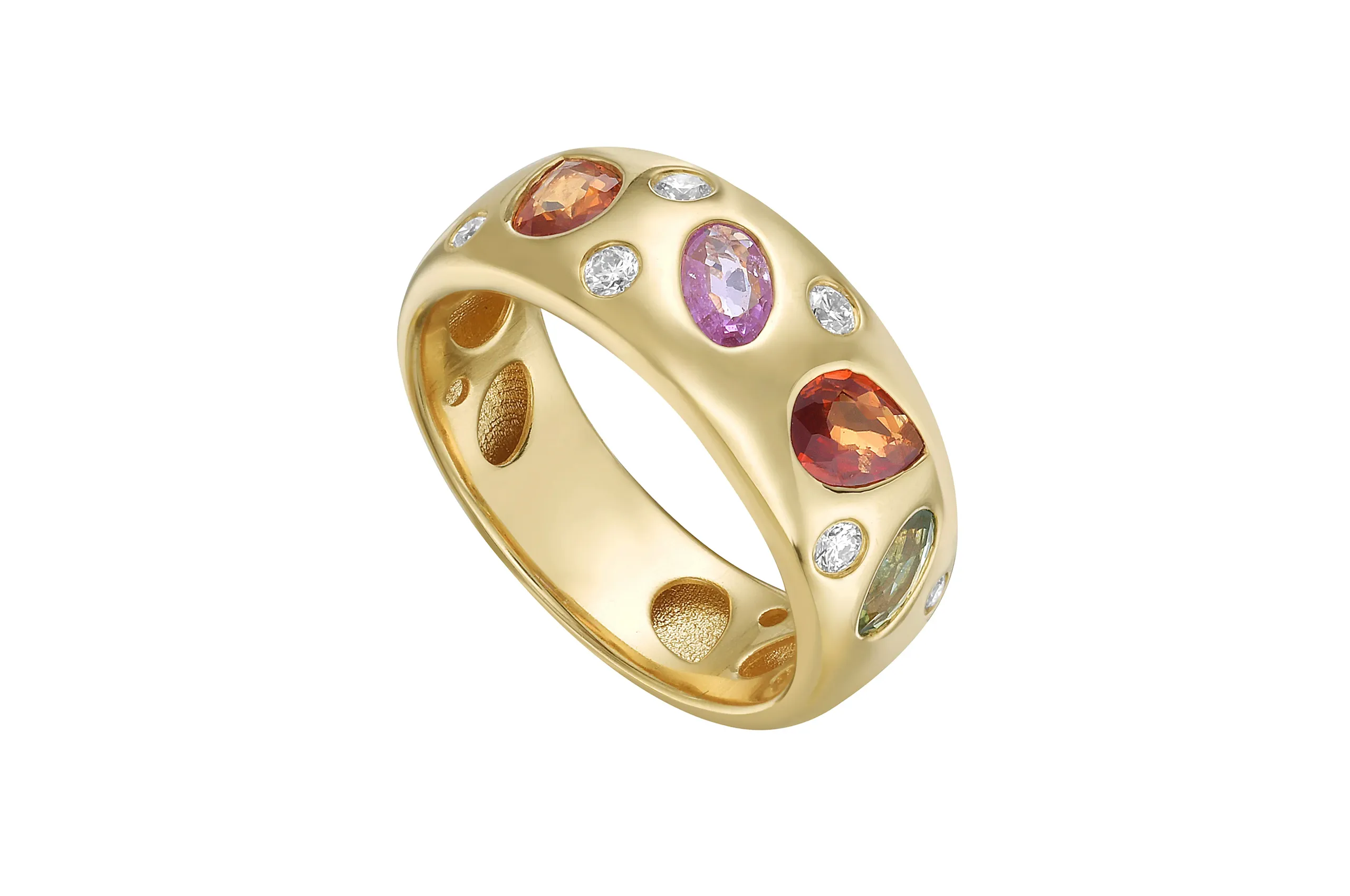 <p>Lionheart’s Cosmos tourmaline and diamond ring in 18K yellow gold is a vibrant alternative to a traditional gold band.</p>