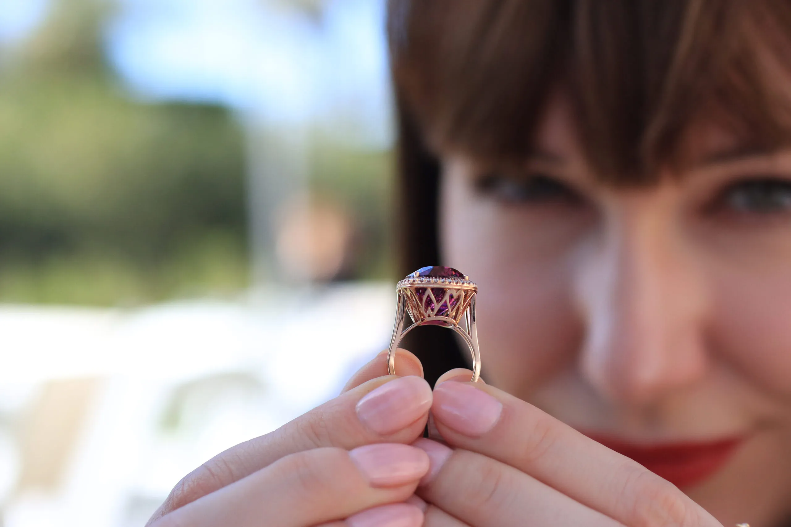 <p>A closer look at the heart-shaped gallery of a rubellite tourmaline cocktail ring from the Lisa Nik Colors collection</p>
