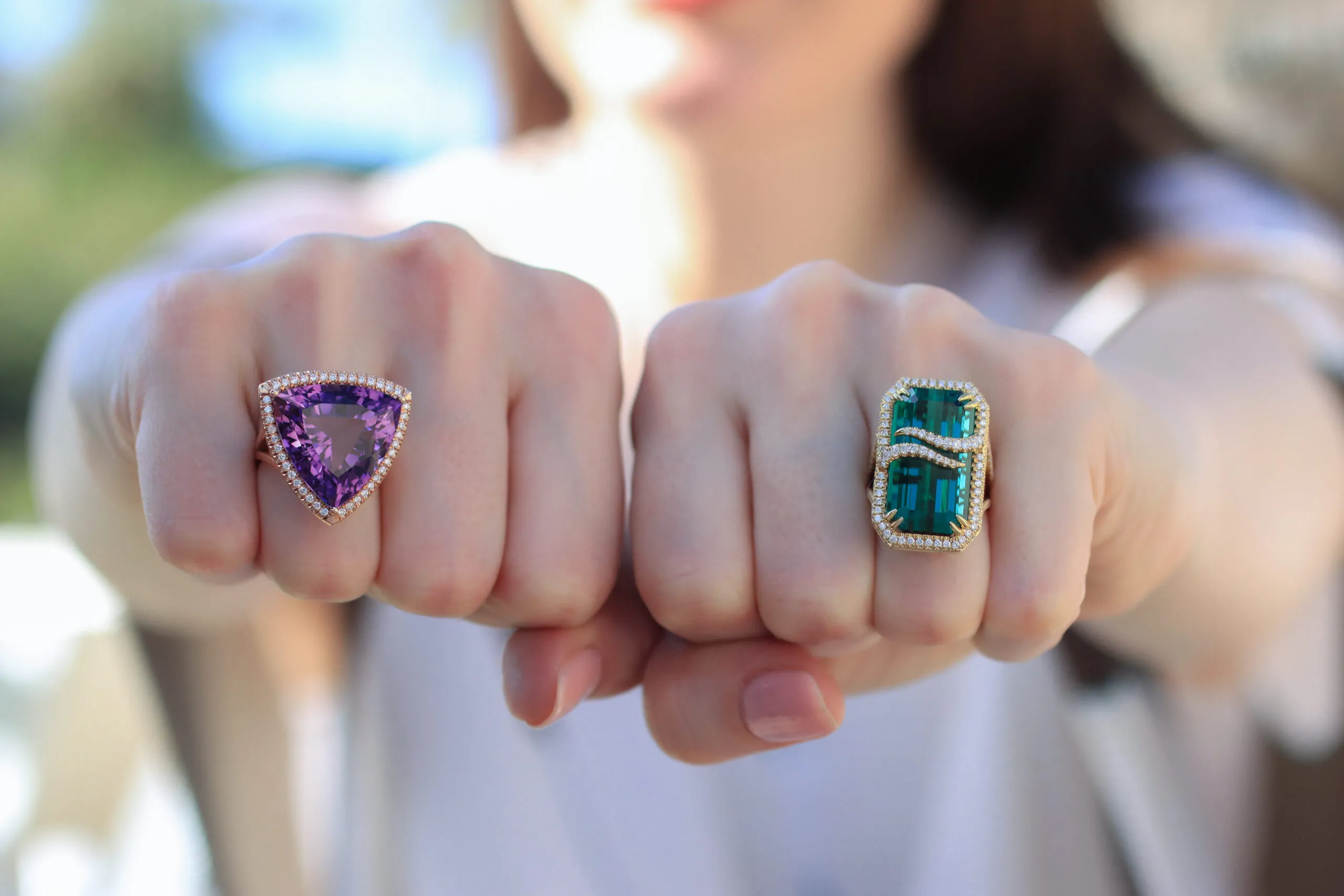 <p>Lisa Nik cocktail rings from the Colors collection, including an indicolite tourmaline with a &#8216;double wave&#8217; of pavé diamonds that stretch across the top of the stone</p>
