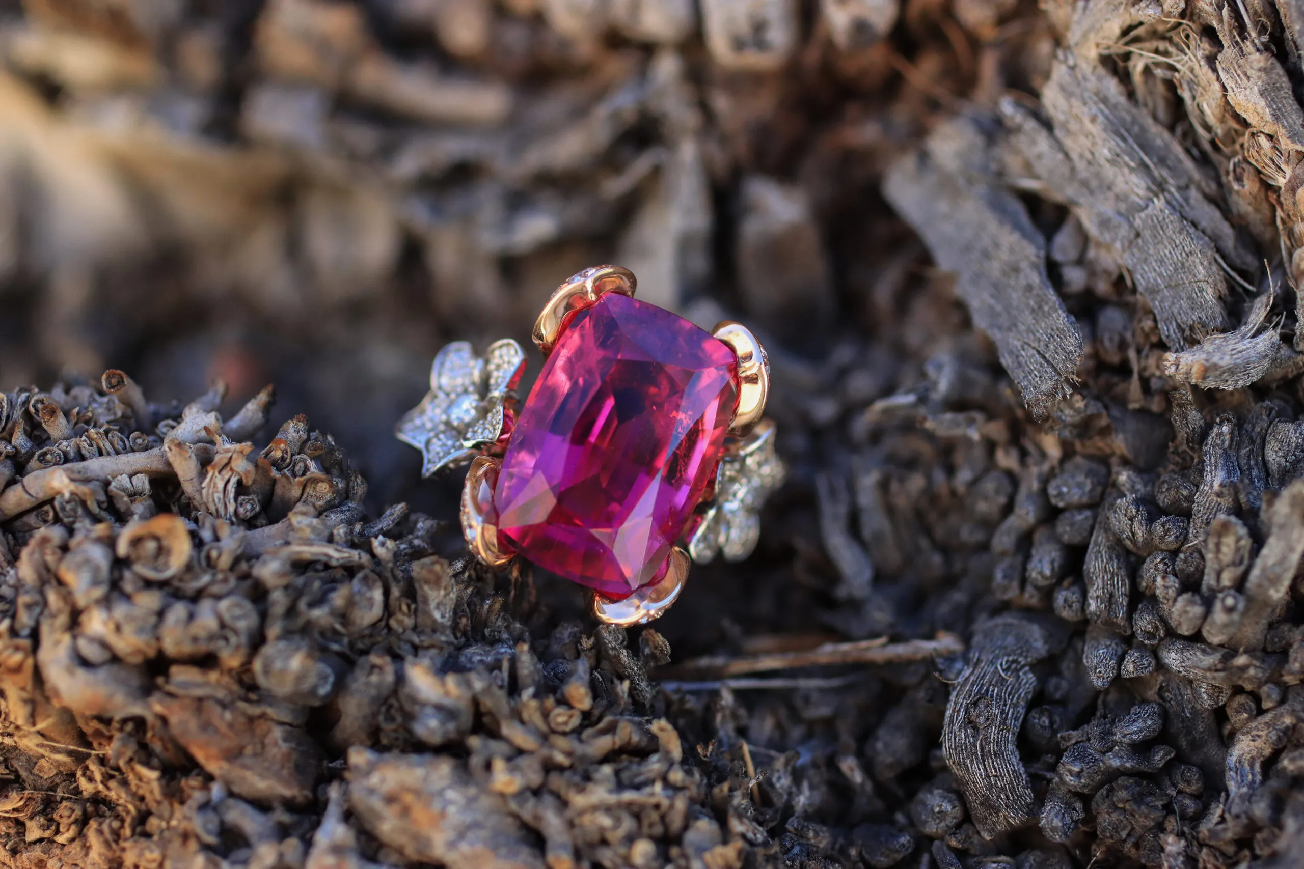 <p>Lisa Nik rubellite tourmaline and diamond ring with a flower setting in 18k rose gold </p>
