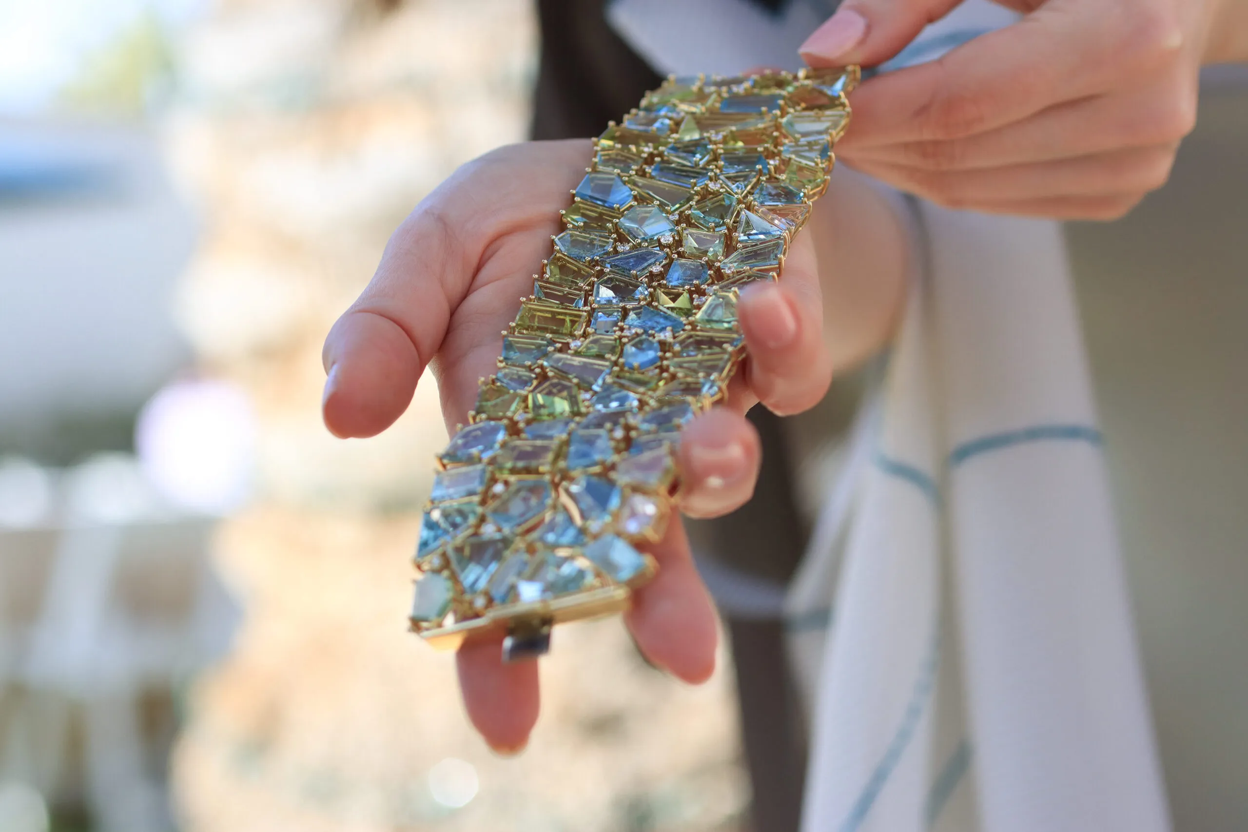 <p>A closer look at the Sparkling Mermaid bracelet by Lisa Nik with mirror-cut beryls in a range of pastel colours</p>
