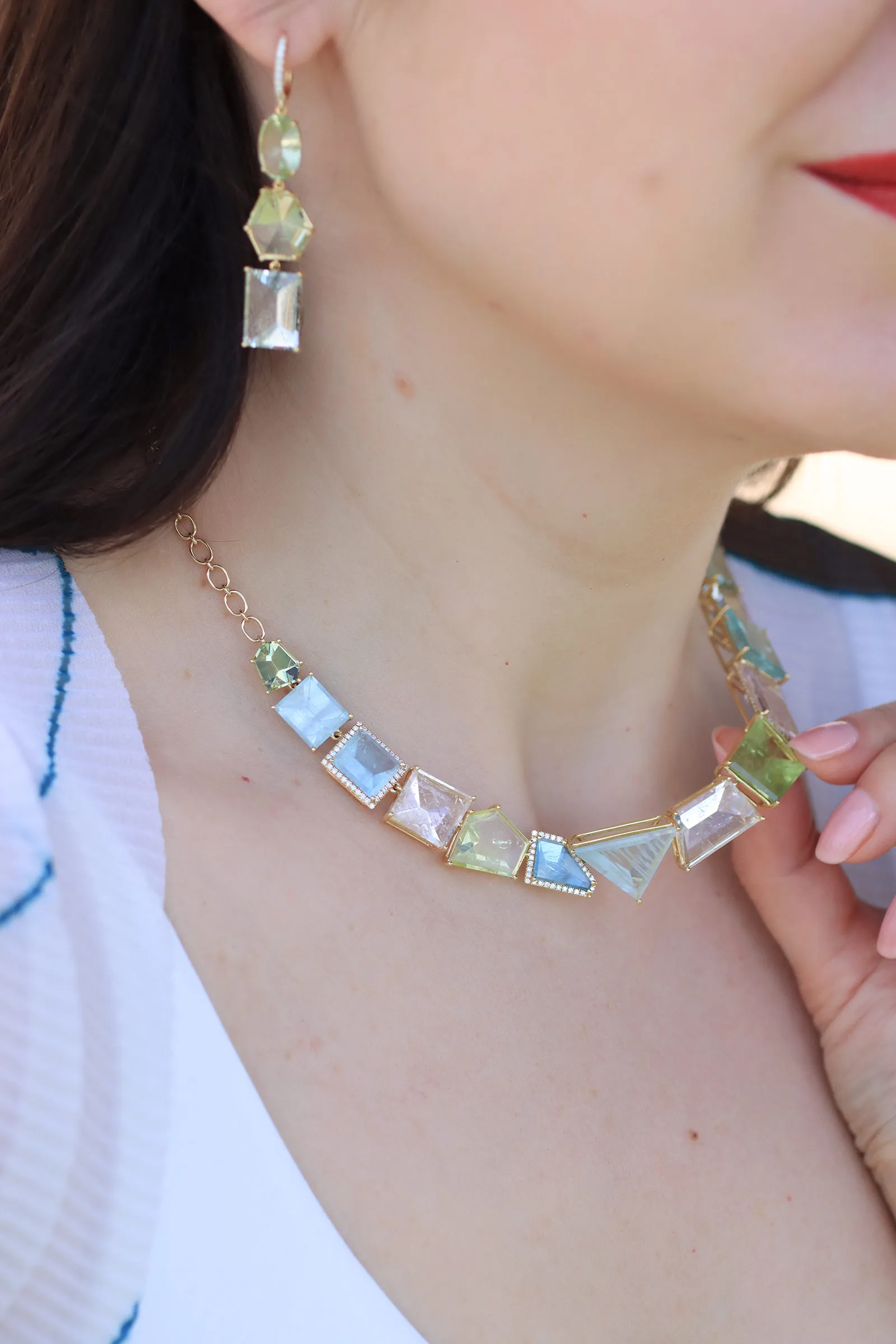 <p>A closer look at mirror-cut beryl pieces in the Lisa Nik Sparkling Mermaid collection, set with uniquely-cut minerals in a range of pastel shades </p>
