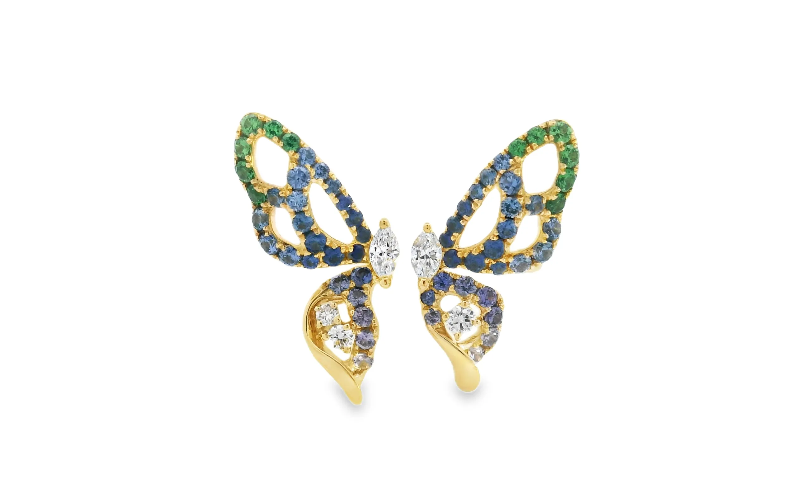 <p>Lisa Nik Rainbow Butterfly ring with marquise-shaped diamonds and blue and green gemstones set in 18k yellow gold </p>
