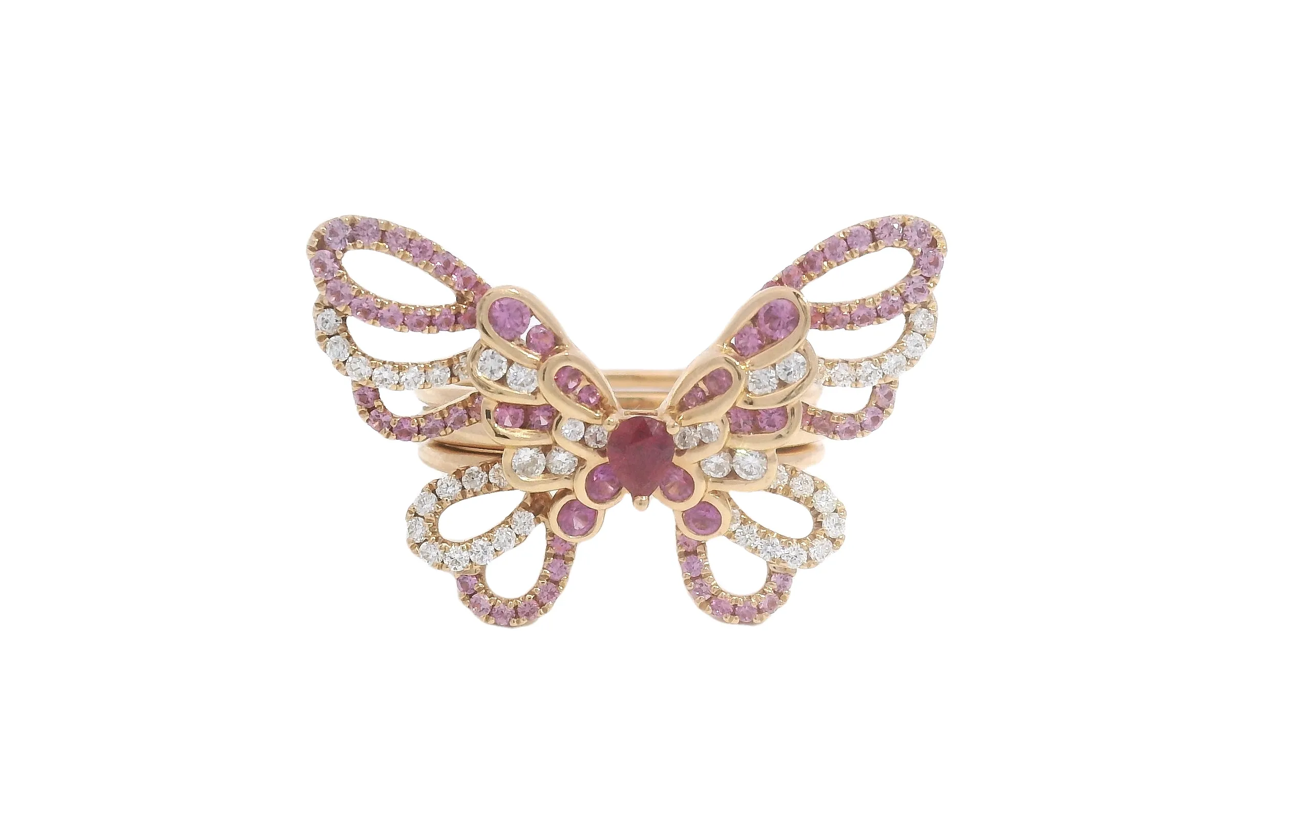 <p>Lisa Nik Rainbow Butterfly ring with a pear-shaped ruby centre, surrounded by diamonds and pink sapphires in 18k yellow gold </p>
