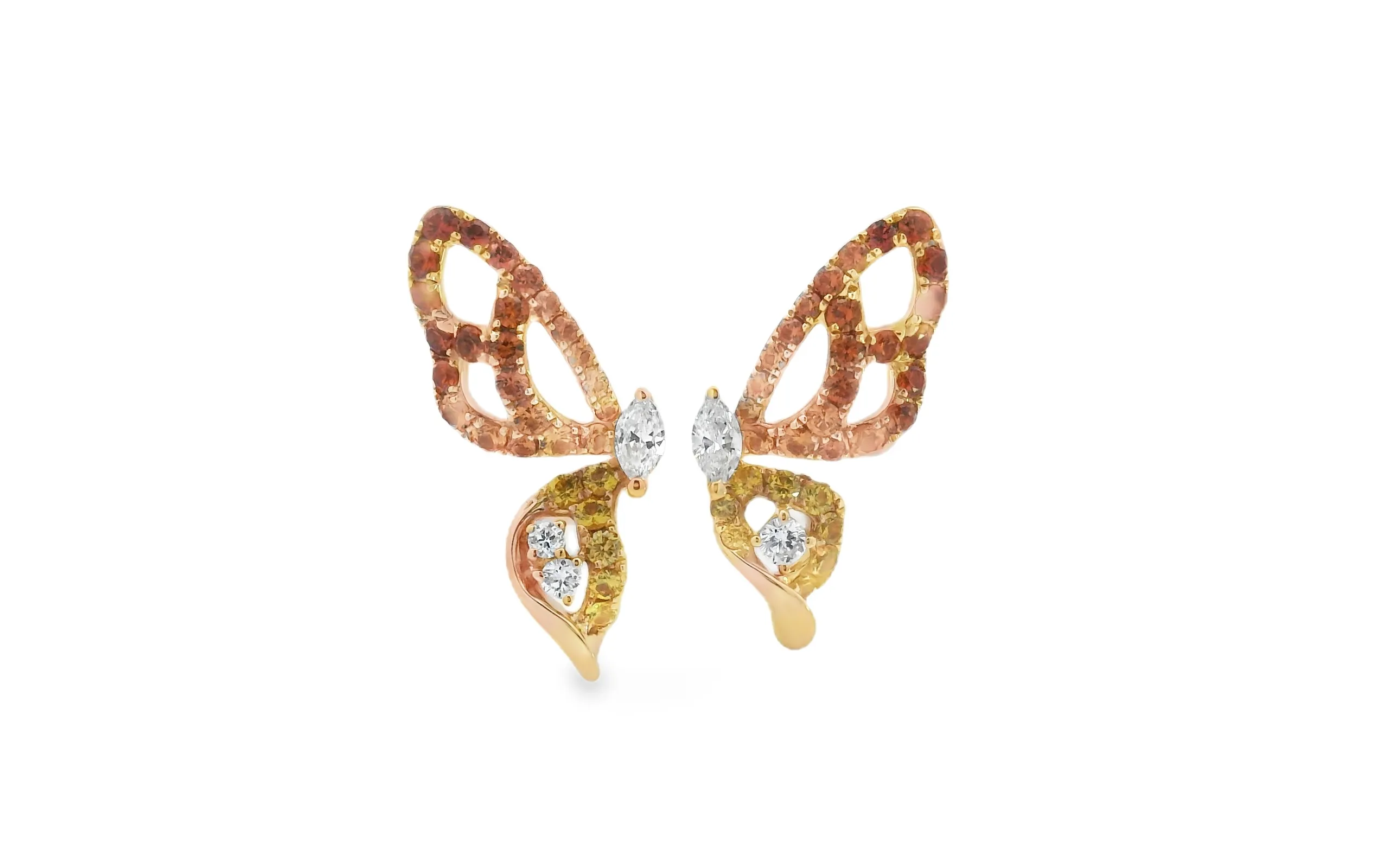 <p>Lisa Nik Rainbow Butterfly ring with marquise-shaped diamonds and yellow, pink and red gemstones, set in 18k gold </p>
