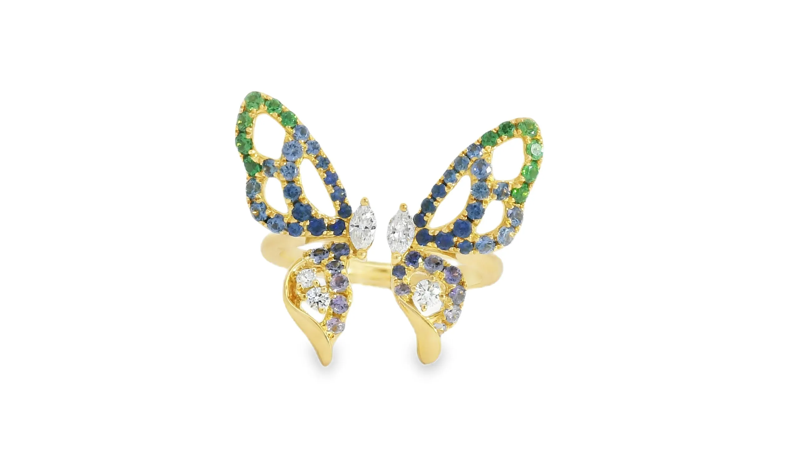 <p>Lisa Nik Butterfly ring from the Rainbow collection, set with diamonds, tsavorite garnets, and sapphires in 18k yellow gold</p>

