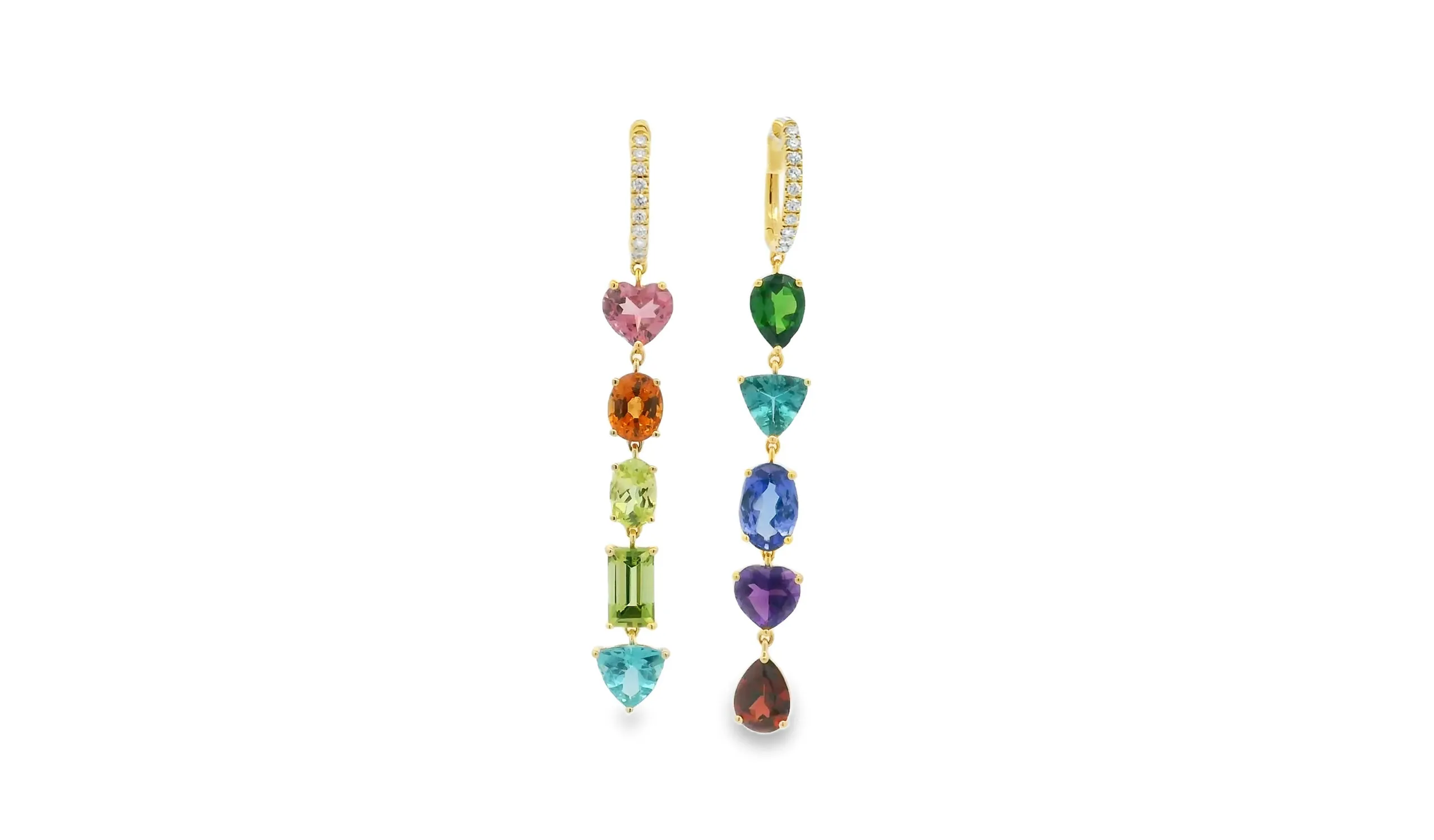 <p>Lisa Nik mixed stone earrings from the Asymmetric collection, set with 7.76 carats of gemstones and diamonds in 18k yellow gold</p>
