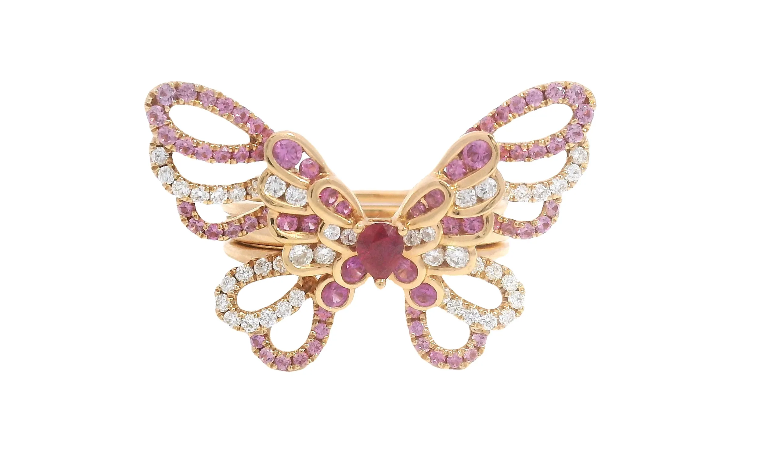 <p>Lisa Nik 2-in-1 Butterfly ring from the Rainbow collection, set with ruby, rubellite and diamonds in 18k rose gold</p>
