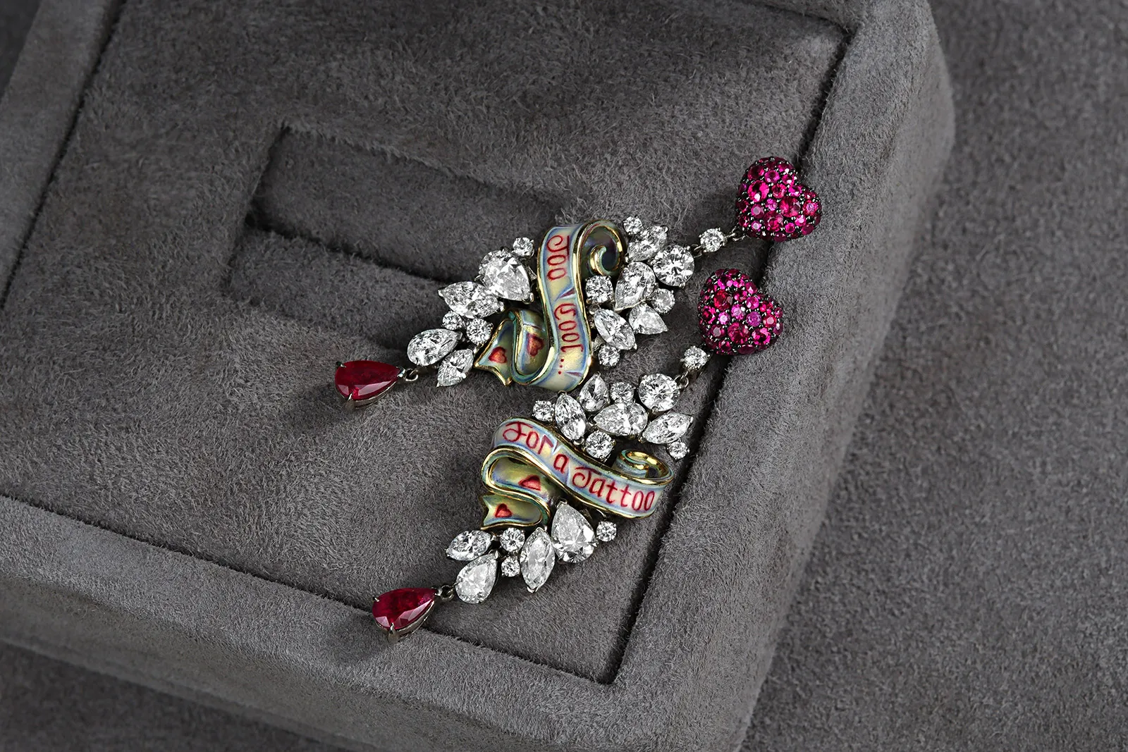 <p>Liza Borzaya Rebel earrings with diamonds, rubies and enamel details</p>