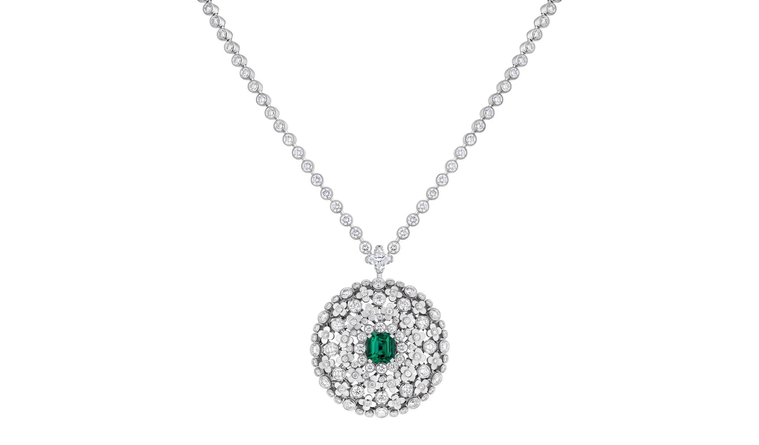 <p>The third Mesmerism high jewellery necklace features an emerald and diamond medallion</p>
