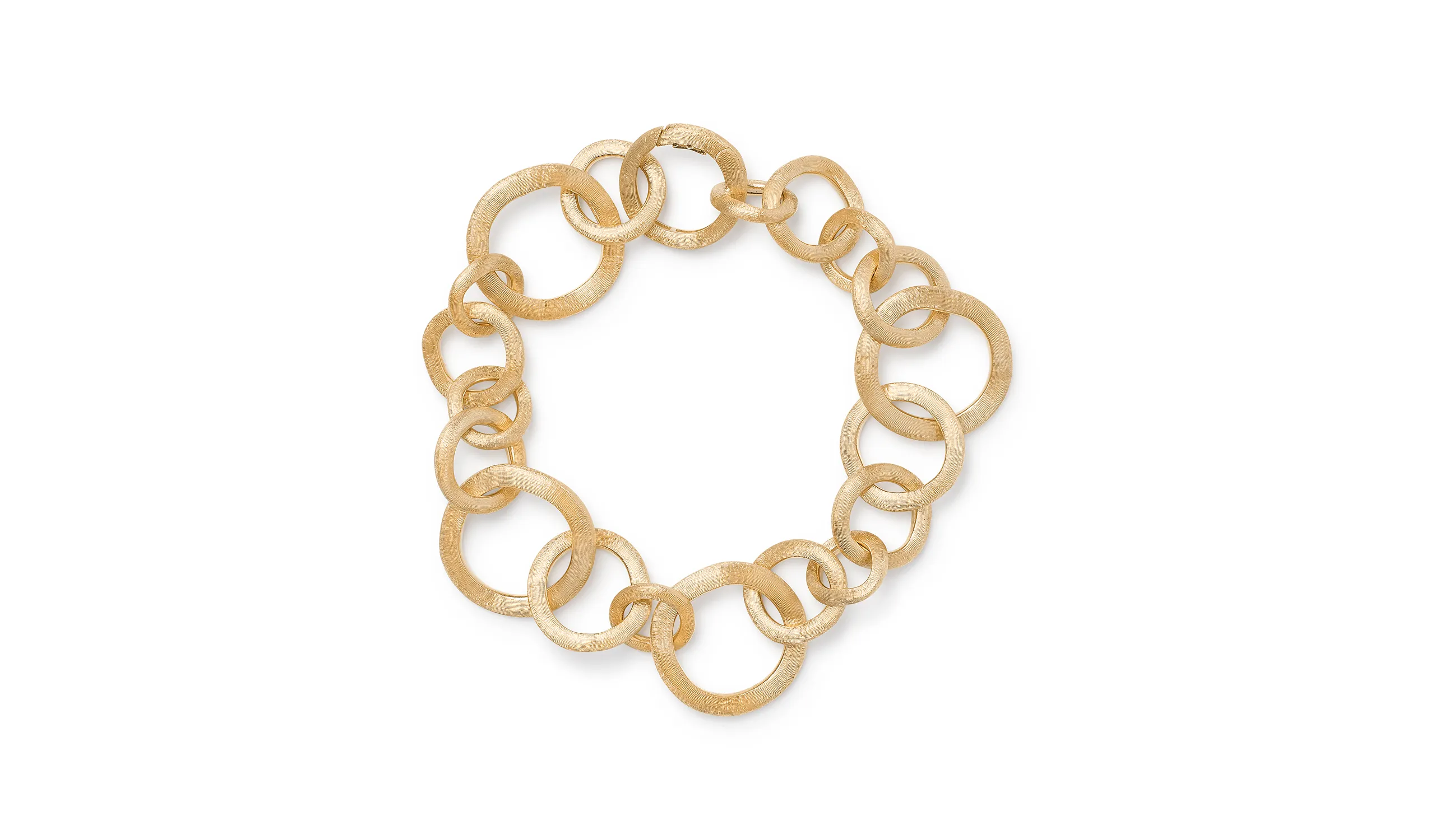 <p>Marco Bicego 18k yellow gold link bracelet from the Jaipur Link collection, with hand-engraved circular elements</p>