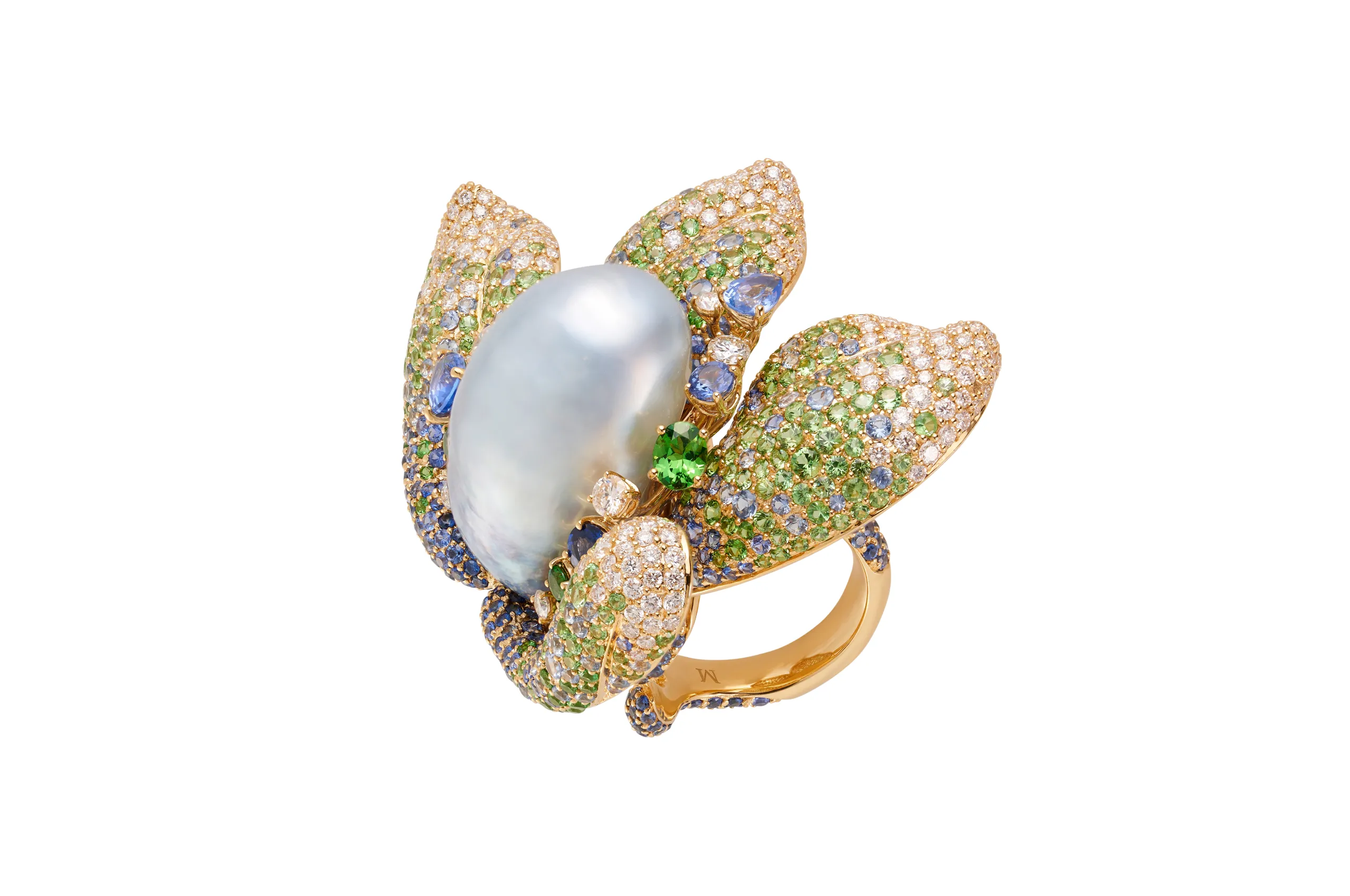<p>Margot McKinney Floral Abundance ring with an Australian South Sea baroque pearl and three-dimensional leaves of diamonds, sapphires and tsavorites set in 18k yellow gold</p>

