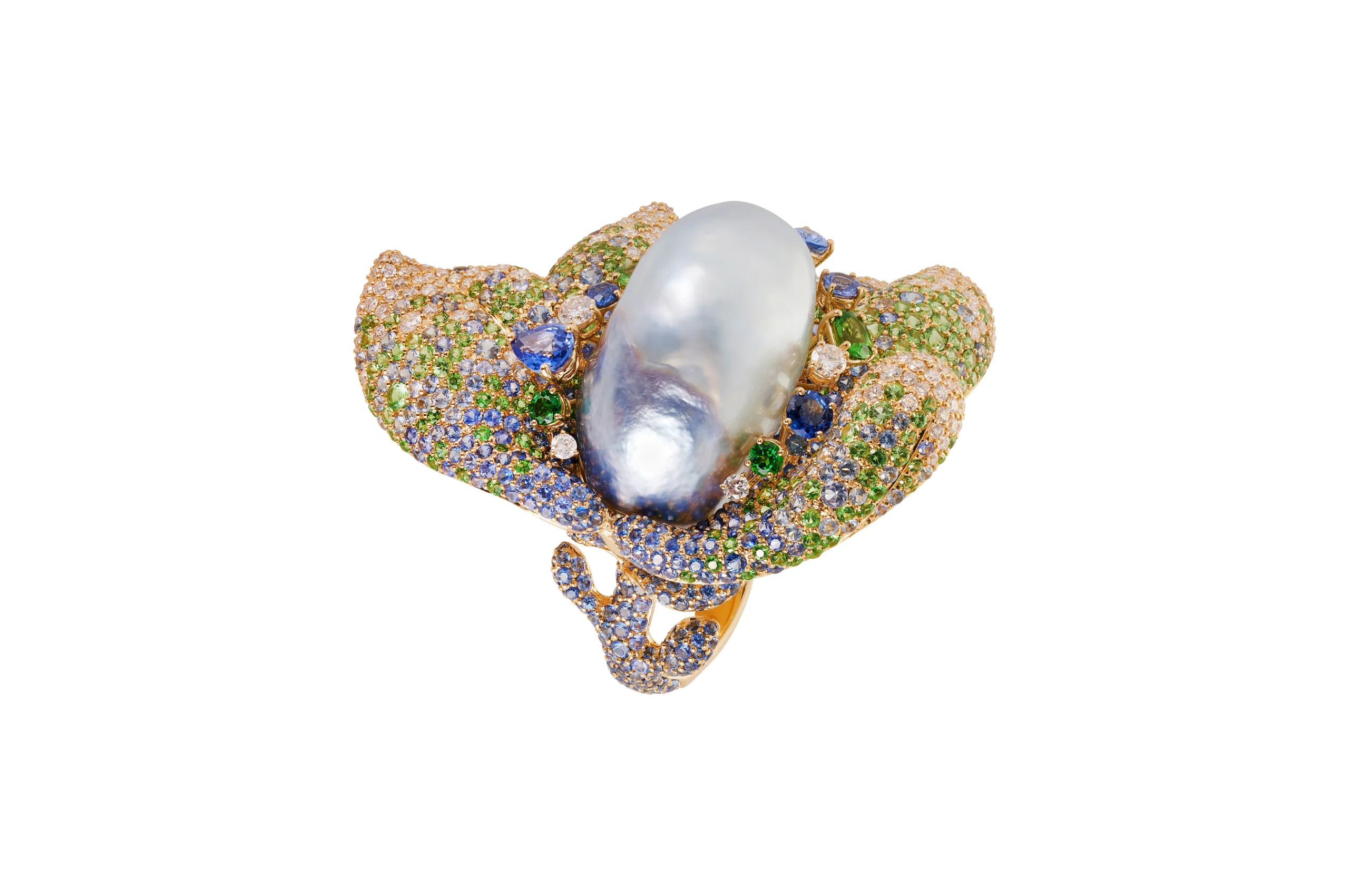 <p>Margot McKinney Floral Abundance ring with an Australian South Sea baroque pearl, diamonds, sapphires and tsavorites set in 18k yellow gold</p>
