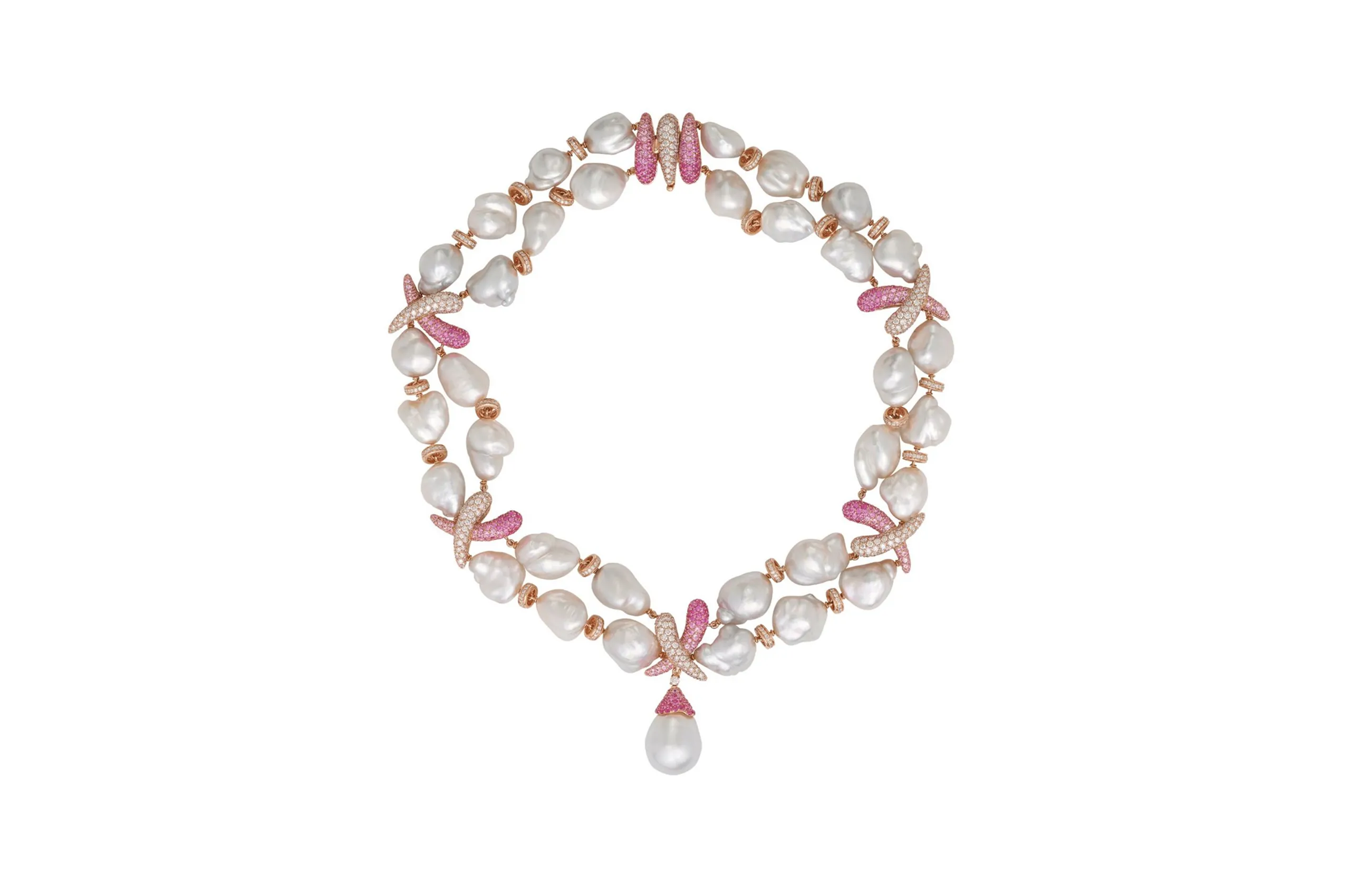 <p>Margot McKinney Kiss necklace with Australian South Sea keshi pearls, an Australian South Sea baroque pearl drop, diamonds and pink sapphires, set in 18k rose gold </p>
