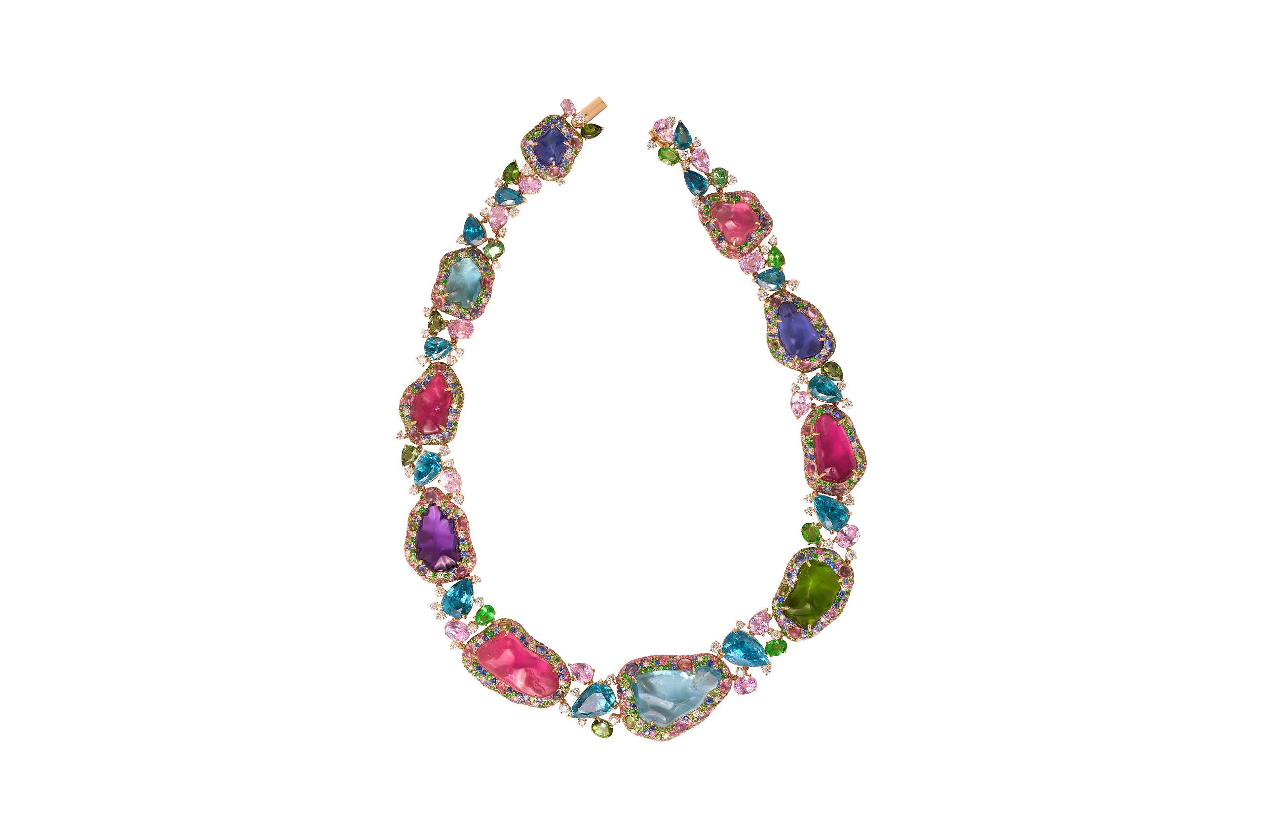 <p>Margot McKinney Palette collier with extra-large baroque gems of aquamarine, tanzanite, rubellite, amethyst and peridot, set with a suite of diamonds, rare blue zircons, kunzites, blue sapphires, pink sapphires, rose de France, demantoids, green tourmalines, amethysts and tsavorites in18k white and yellow gold</p>
