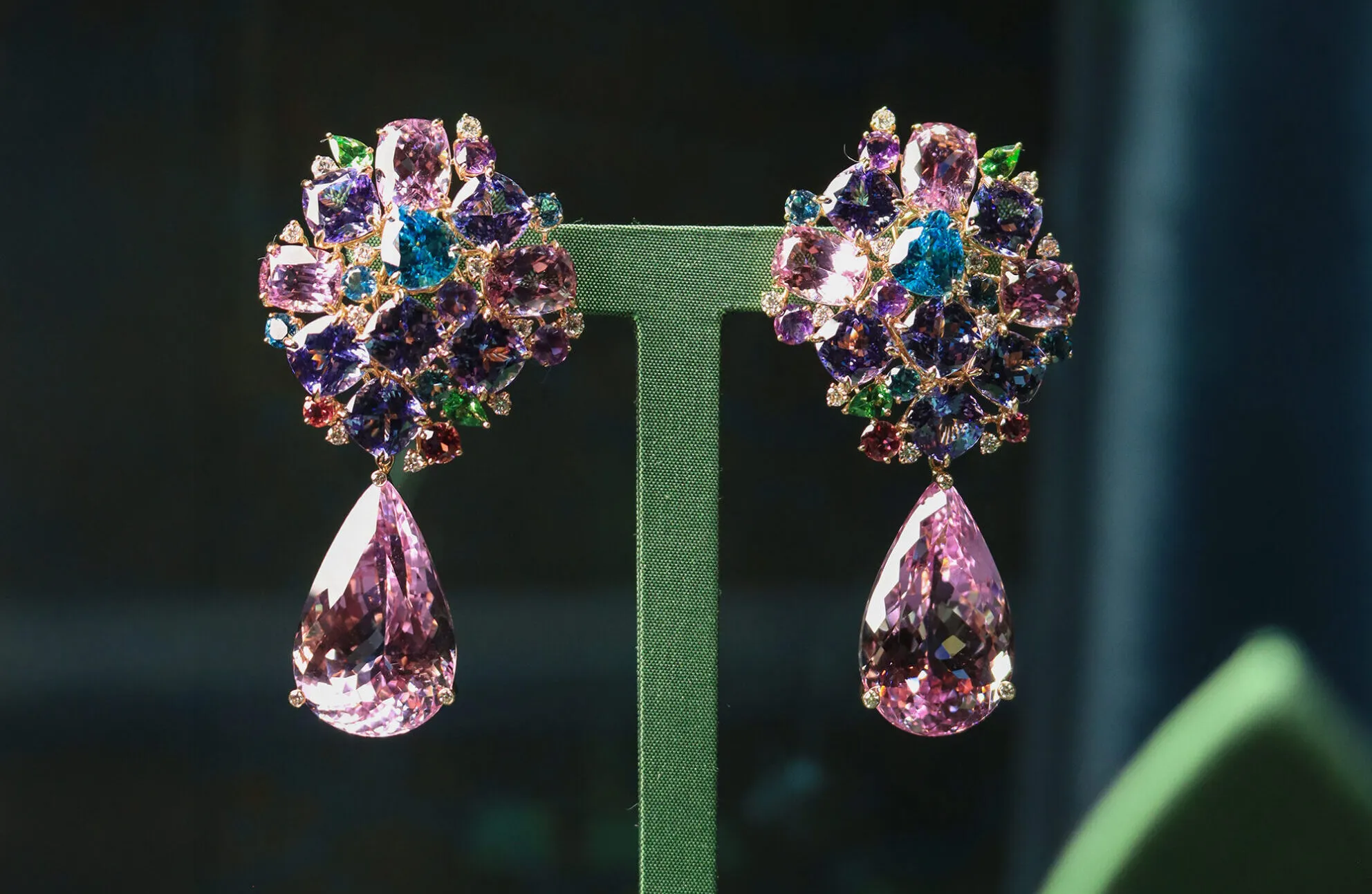 <p>Margot McKinney Bon Bon earrings with 101.94 carats of kunzite, diamonds, tsavorites, blue topazes, pink tourmalines, amethysts, tanzanites, blue zircons and further kunzites set in 18k yellow and white gold</p>
