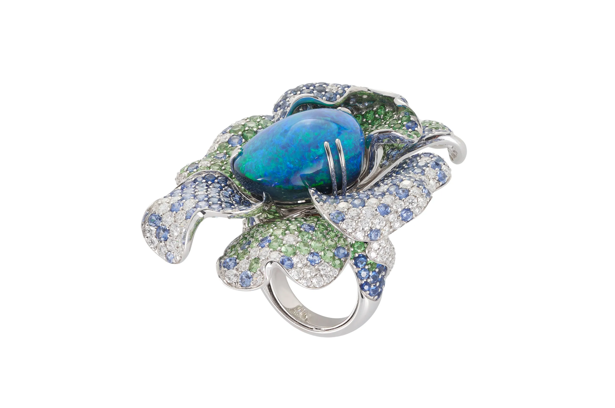 <p>Margot McKinney Rainforest Bloom ring with a 37.52 carat Australian black opal and petals of diamonds, blue sapphires and tsavorites, set in 18k white gold</p>
