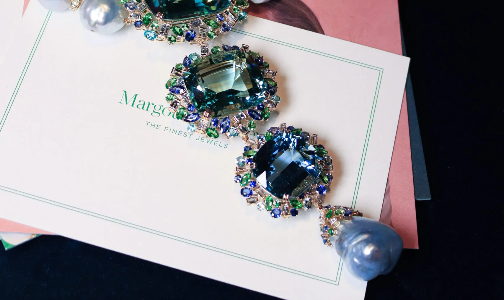 <p>A closer look at the hero gemstones in the Marina collier by Margot McKinney, including a rare Australian South Sea baroque pearl drop measuring 26x30mm </p>
