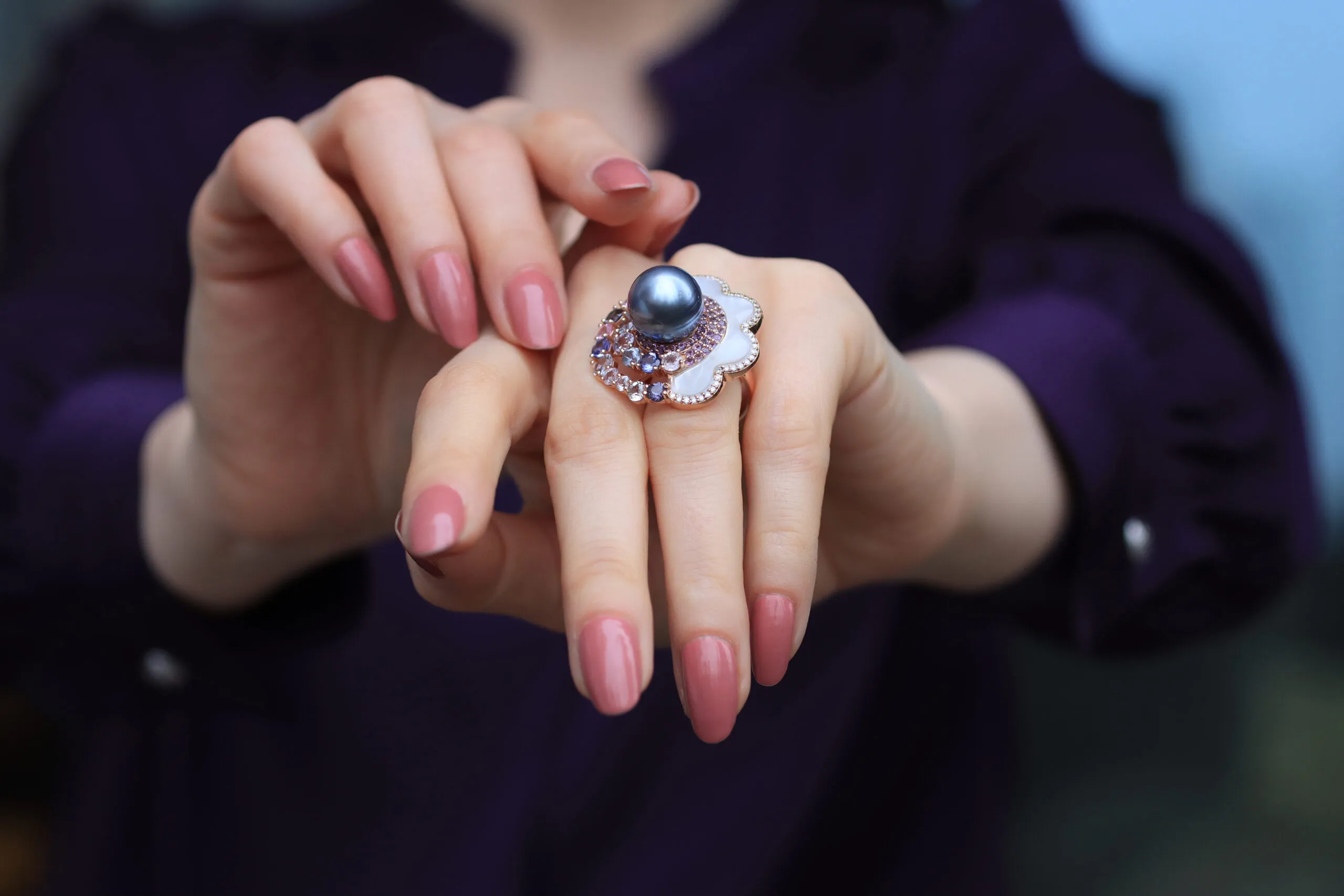 <p>A closer look at the Passing Cloud ring by Mariyeh Ghelichkhani with a Tahitian pearl, mother of pearl, diamonds and pastel-coloured sapphires set in 18k yellow gold </p>
