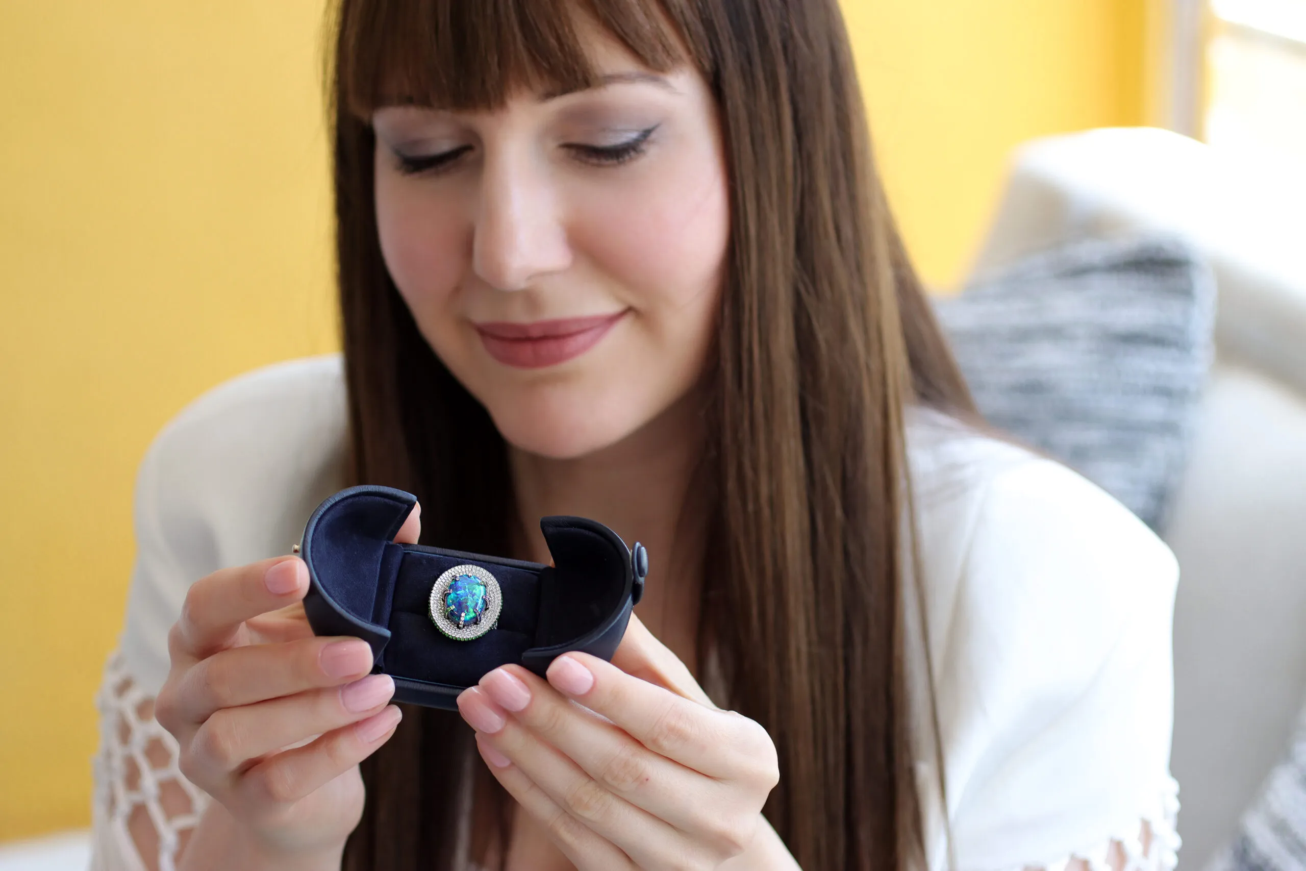 <p>Katerina Perez discovers a Martin Katz right-hand ring set with a 10.50-carat black opal, micro-set with 580 diamonds, sapphires, amethysts and tsavorites </p>
