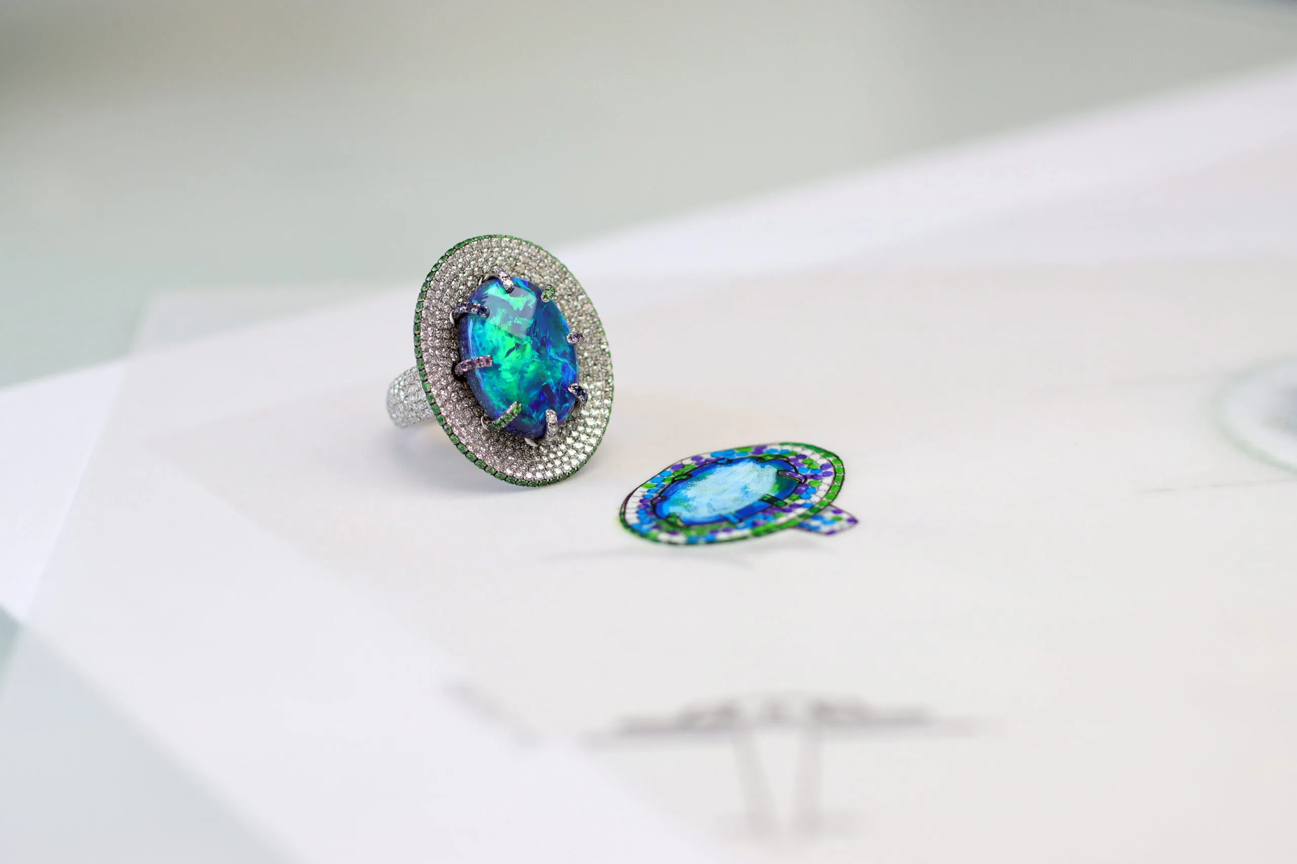 <p>From design to completion, this Martin Katz right-hand ring is crafted with a 10.50-carat black opal, micro-set with 580 diamonds, sapphires, amethysts and tsavorites </p>
